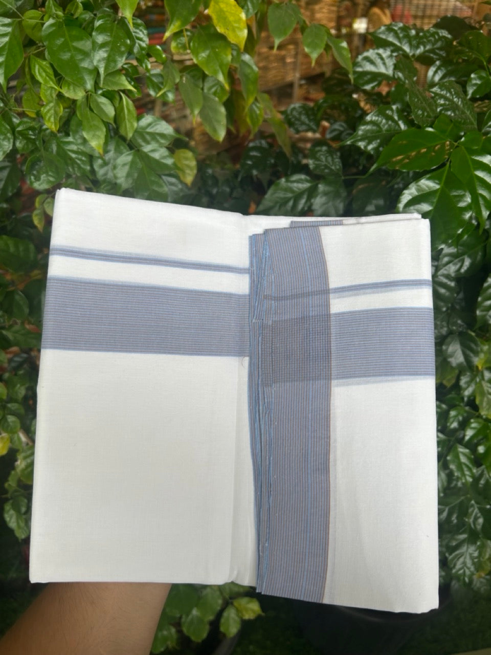 KaithariKada Handloom Millpaav Balaramapuram - 100% Pure Cotton Double Mundu/Dhoti Pure white - 80x90 - 1.75 inch Light Blue & Brown shaded striped Kara 4 mtr (8.5 Muzham) - 12 KK5263 YAR