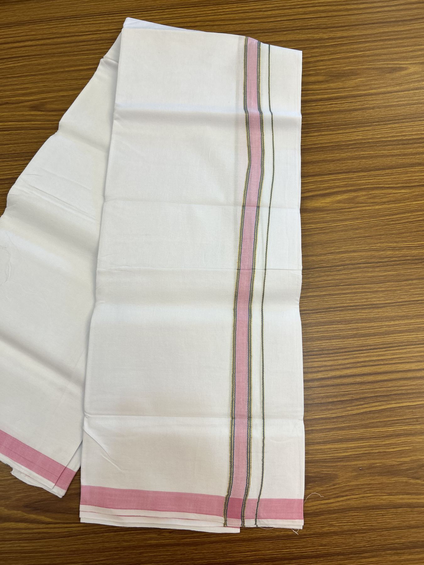 25% Discount ! KaithariKada 100% Cotton Kerala Handloom Single Pure White Mundu/Dhoti - 0.75 inch Pink & Blue Kasav Striped Kara (2 meter / 4 muzham) - 9 KK5336 KAI