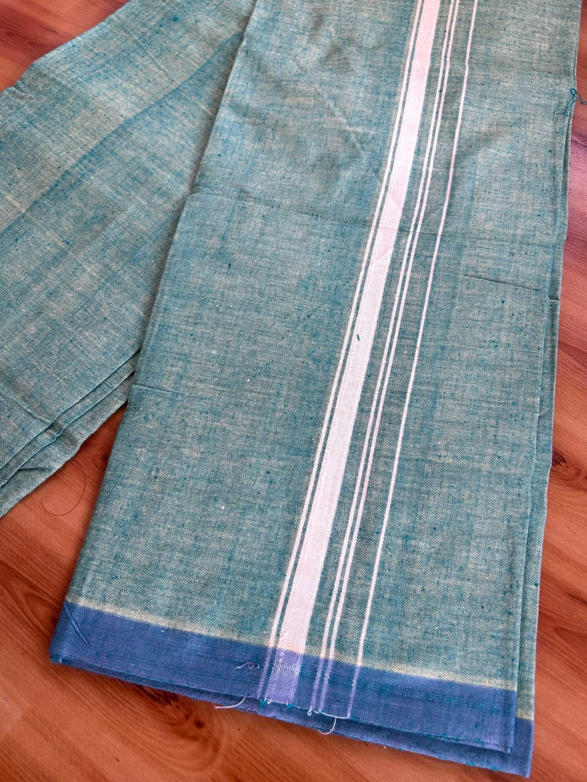 Kerala Handloom - Signature Kaitharikada - 100% Pure Cotton 2/60x40s Thread - Single Mundu / Dhoti - 1.25 inch Light Yellow Shaded Striped Kara with Green & Light Yellow colour Body (2 meter / 4 muzham) - 8 KK8080 KAL