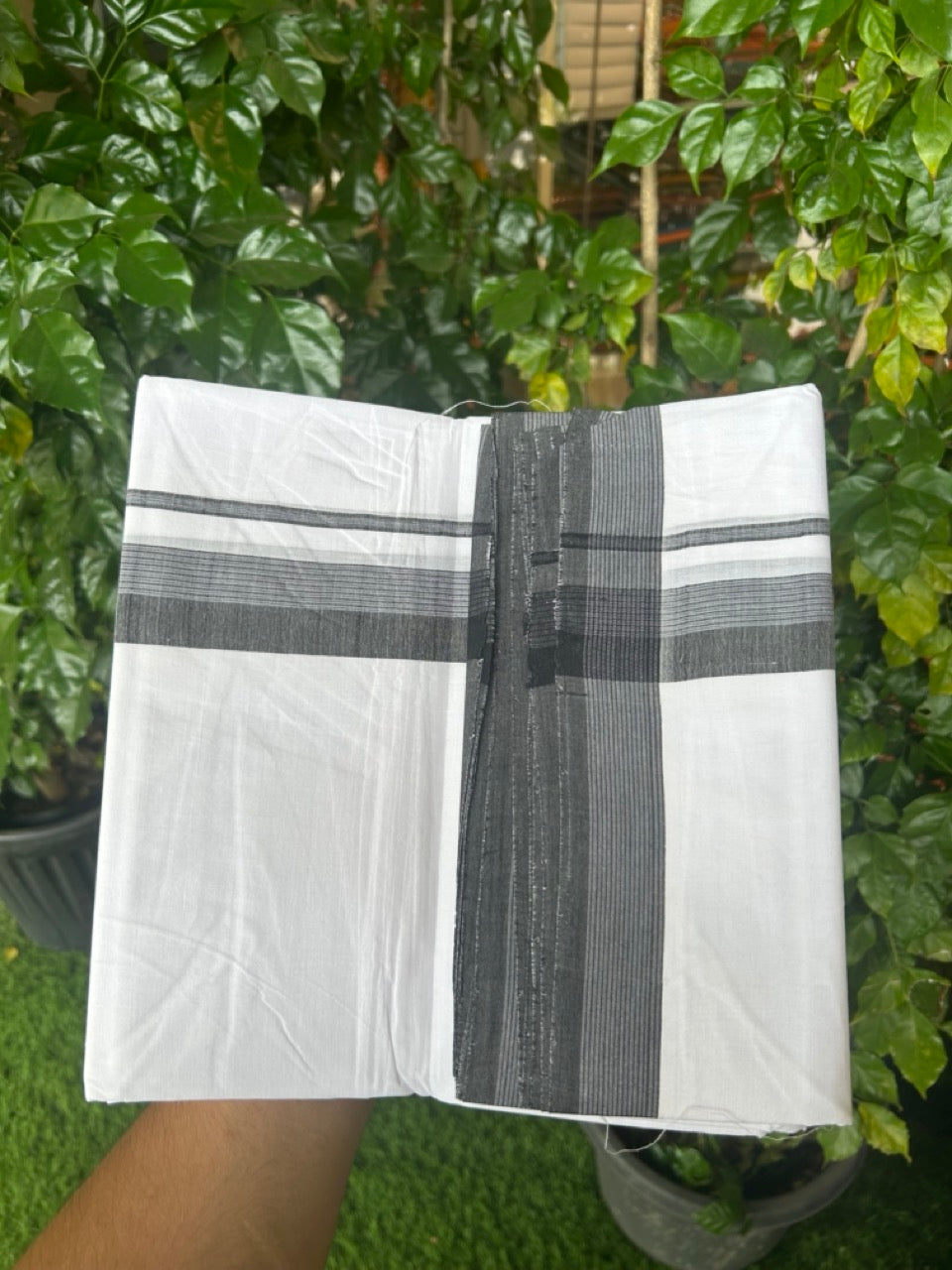 KaithariKada Handloom Millpaav Balaramapuram - 100% Pure Cotton Double Mundu/Dhoti Pure white - 80x90 - 1.5 inch Black & ash blue striped Kara 4 mtr (8.5 Muzham) - 10 KK5263 YAR