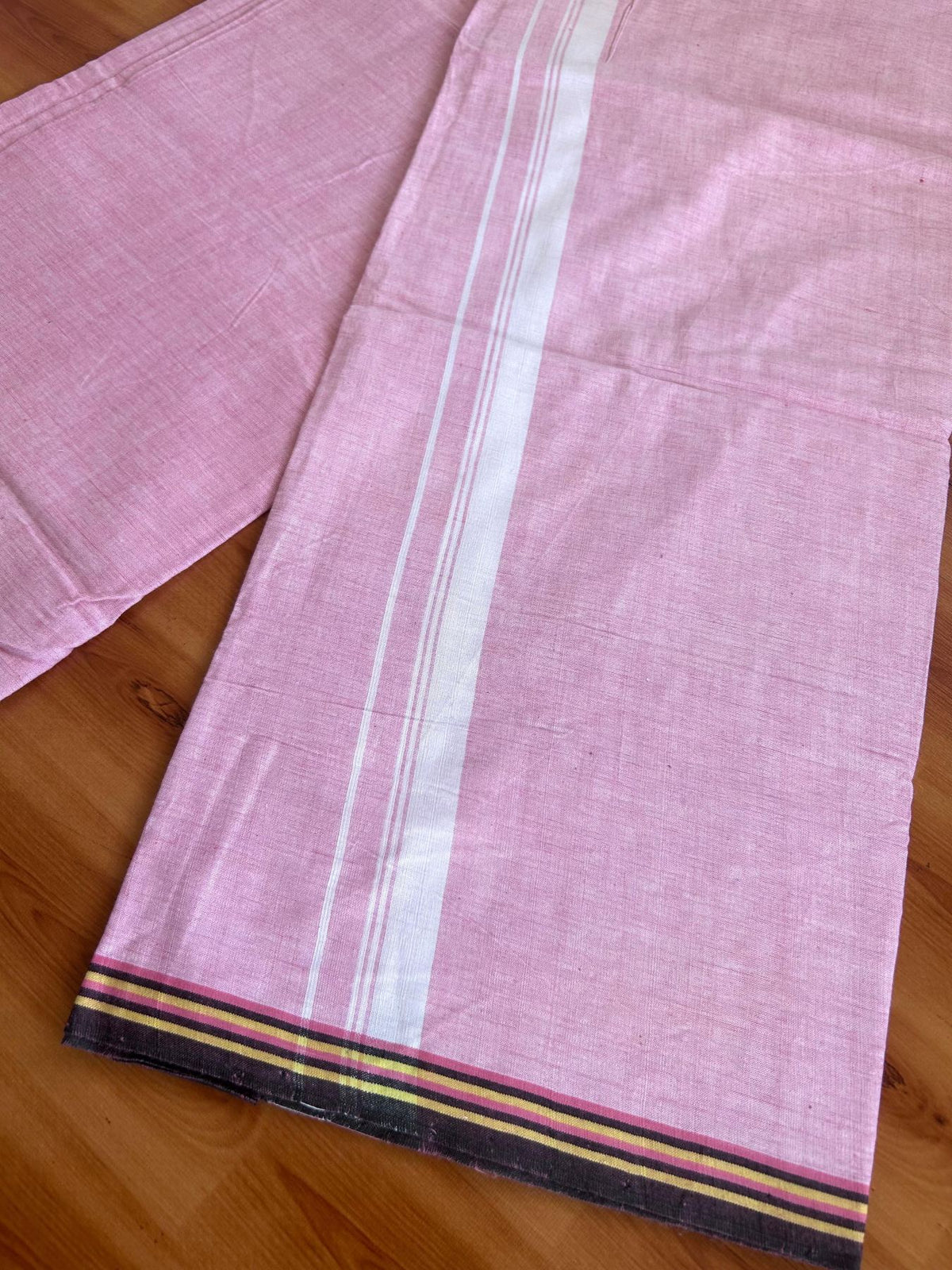 Kerala Handloom - Signature Kaitharikada - 100% Pure Cotton 2/60x40s Thread - Single Mundu / Dhoti - 1 inch White Shaded Striped Kara with Baby Pink colour Body (2 meter / 4 muzham) - 10 KK8080 KAL