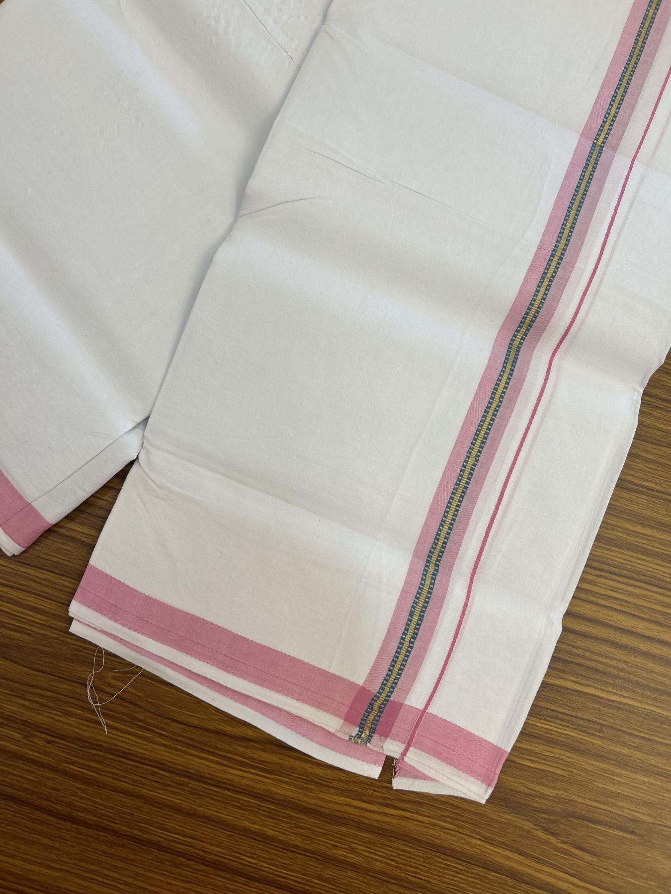 25% Discount ! KaithariKada 100% Cotton Kerala Handloom Single Pure White Mundu/Dhoti - 1 inch Pink & Blue Kasav Striped Kara (2 meter / 4 muzham) - 11 KK5336 KAI