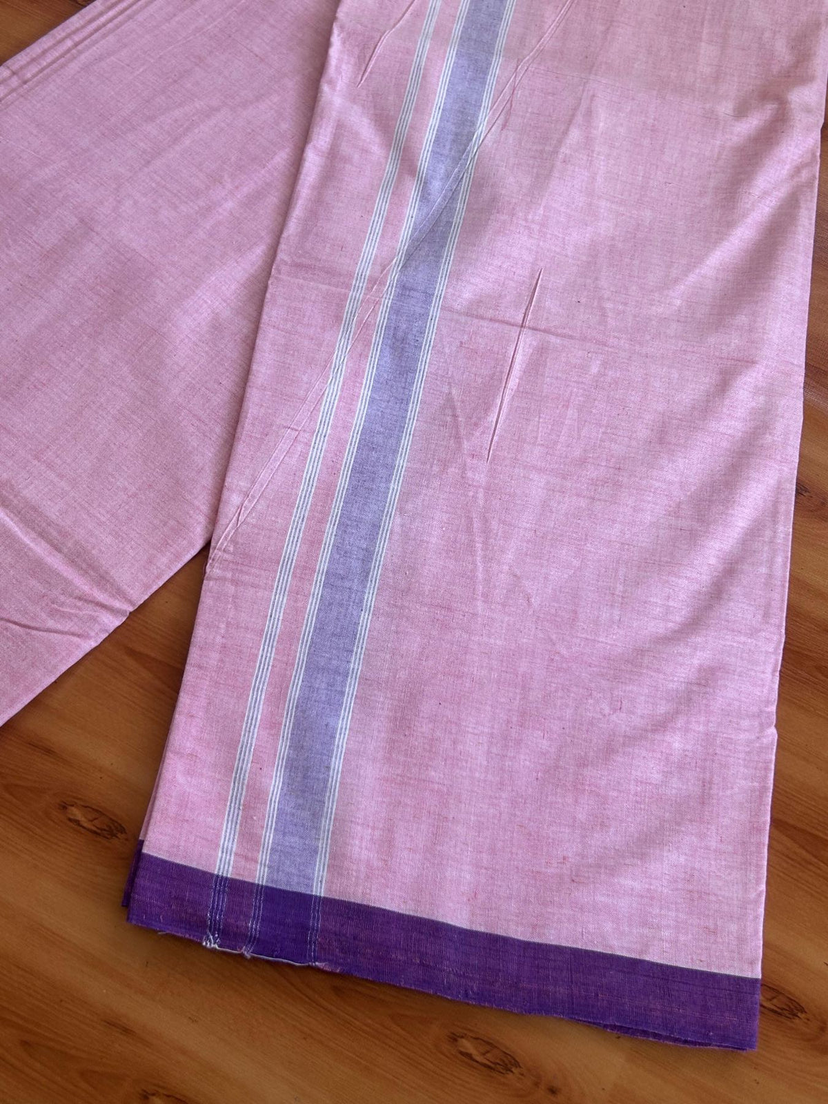 Kerala Handloom - Signature Kaitharikada - 100% Pure Cotton 2/60x40s Thread - Single Mundu / Dhoti - 1 inch Violet Shaded Striped Kara with Baby Pink colour Body (2 meter / 4 muzham) - 11 KK8080 KAL