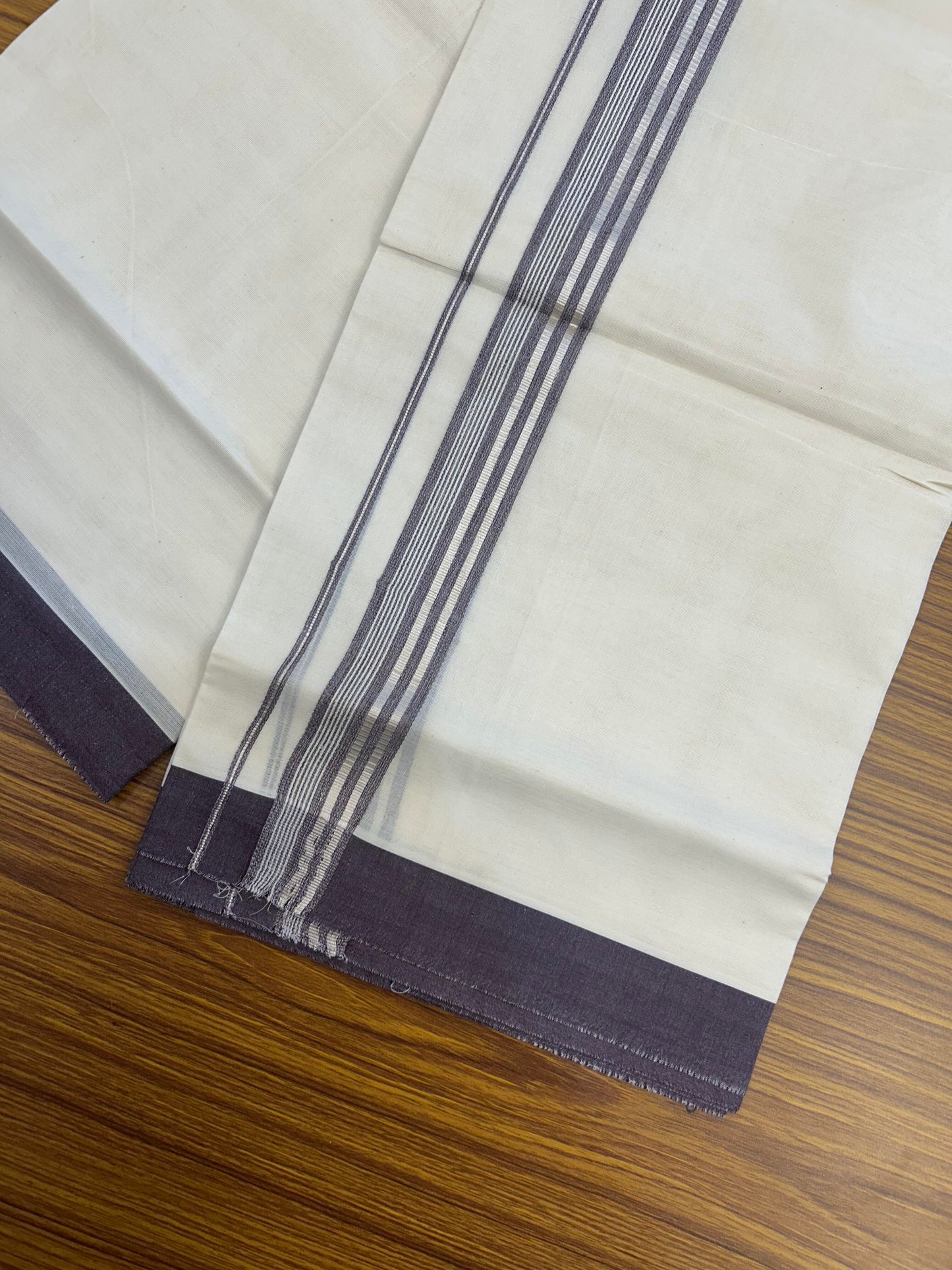 20% Discount ! KaithariKada Balaramapuram 100% Cotton Double Off White (unbleached) Mundu/Dhoti - 100x80 - 1.5 inch Silver Kasav & Wine Purple Striped Kara 4 mtr (8.5 muzham) - 152 KK5361 PMC