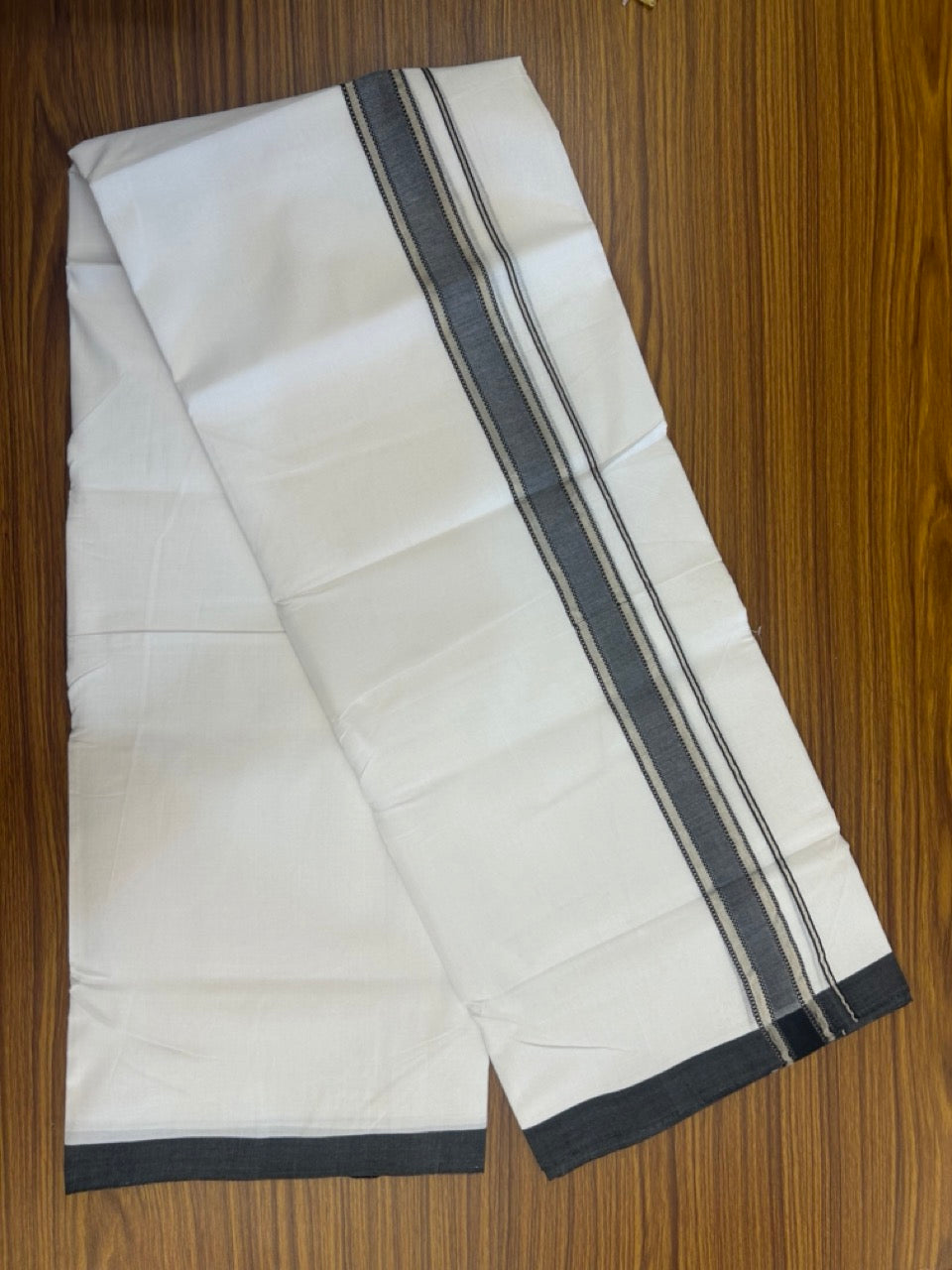 KaithariKada Handloom Millpaav Balaramapuram - 100% Pure Cotton Double Mundu/Dhoti Pure white - 80x90 - 1.5 inch Silver Kasav & Black Design Kara 4 mtr (8.5 Muzham) - 20 KK5263 YAR
