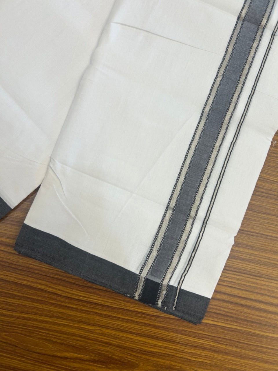 KaithariKada Handloom Millpaav Balaramapuram - 100% Pure Cotton Double Mundu/Dhoti Pure white - 80x90 - 1.5 inch Silver Kasav & Black Design Kara 4 mtr (8.5 Muzham) - 20 KK5263 YAR