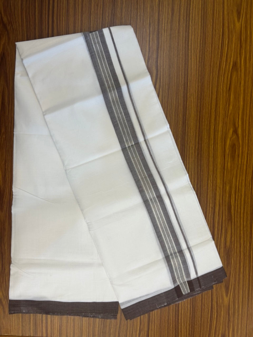 KaithariKada Handloom Millpaav Balaramapuram - 100% Pure Cotton Double Mundu/Dhoti Pure white - 80x90 - 1.75 inch Silver Kasav & Brown Striped Kara 4 mtr (8.5 Muzham) - 21 KK5263 YAR