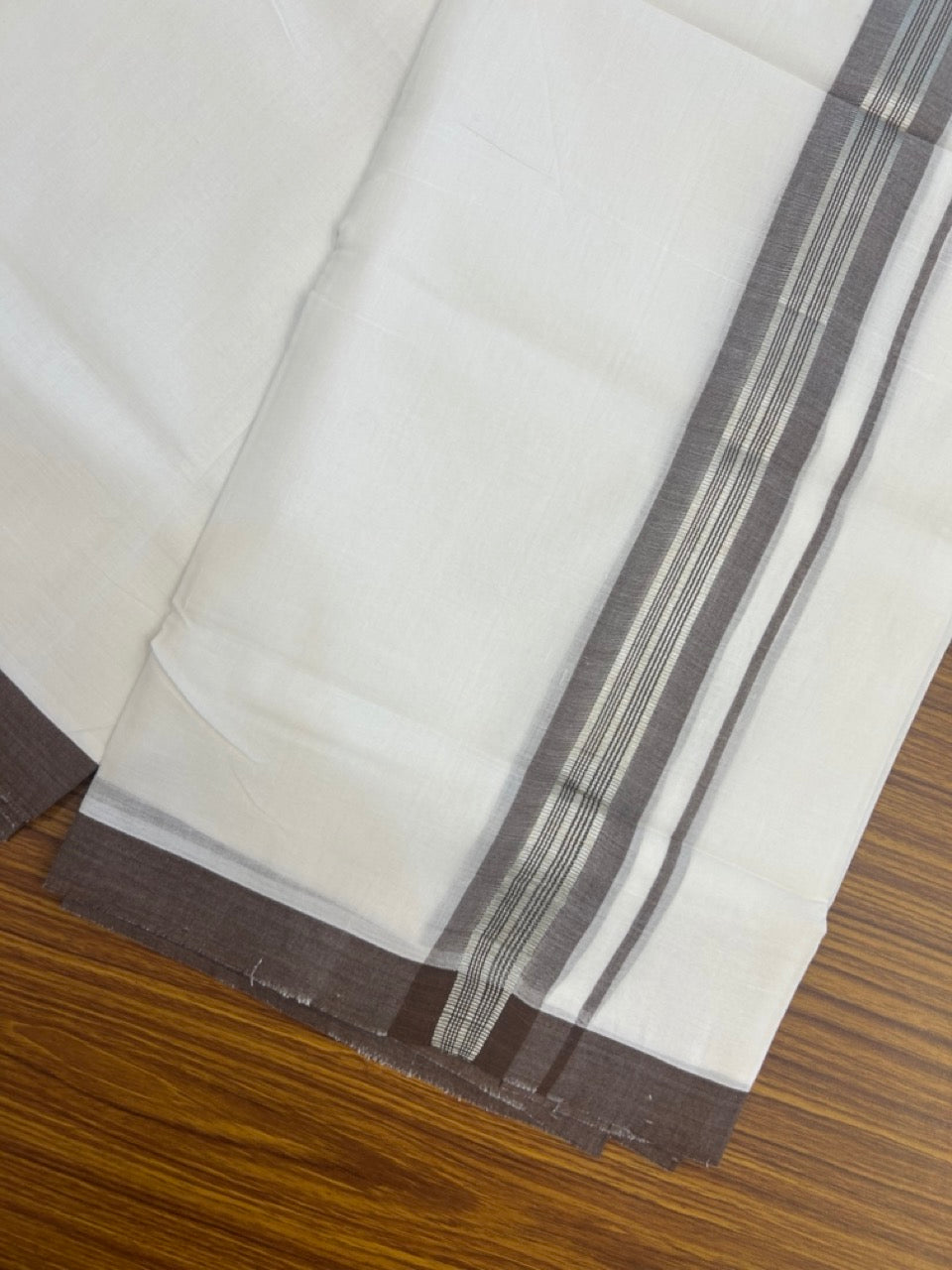 KaithariKada Handloom Millpaav Balaramapuram - 100% Pure Cotton Double Mundu/Dhoti Pure white - 80x90 - 1.75 inch Silver Kasav & Brown Striped Kara 4 mtr (8.5 Muzham) - 21 KK5263 YAR