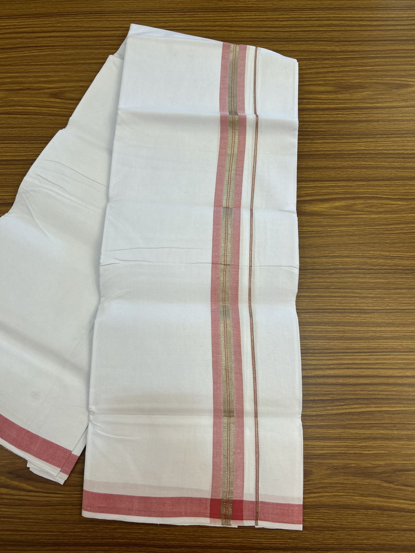 25% Discount ! KaithariKada 100% Cotton Kerala Handloom Single Pure White Mundu/Dhoti - 1.5 inch Light Red & Silver Kasav Striped Kara (2 meter / 4 muzham) - 14 KK5336 KAI
