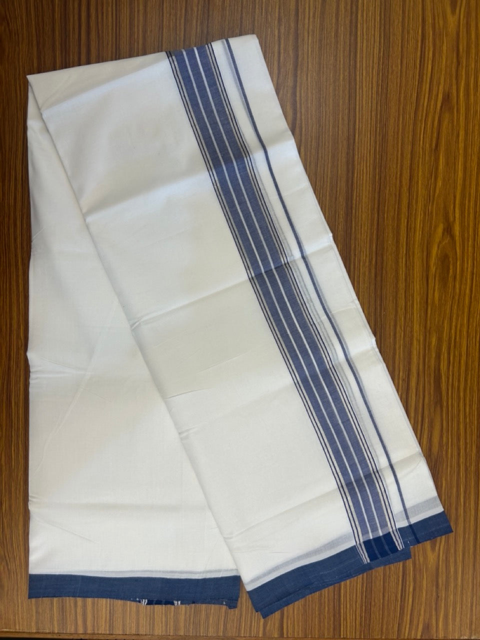 KaithariKada Handloom Millpaav Balaramapuram - 100% Pure Cotton Double Mundu/Dhoti Pure white - 80x90 - 2 inch Silver Kasav & Blue Striped Kara 4 mtr (8.5 Muzham) - 22 KK5263 YAR