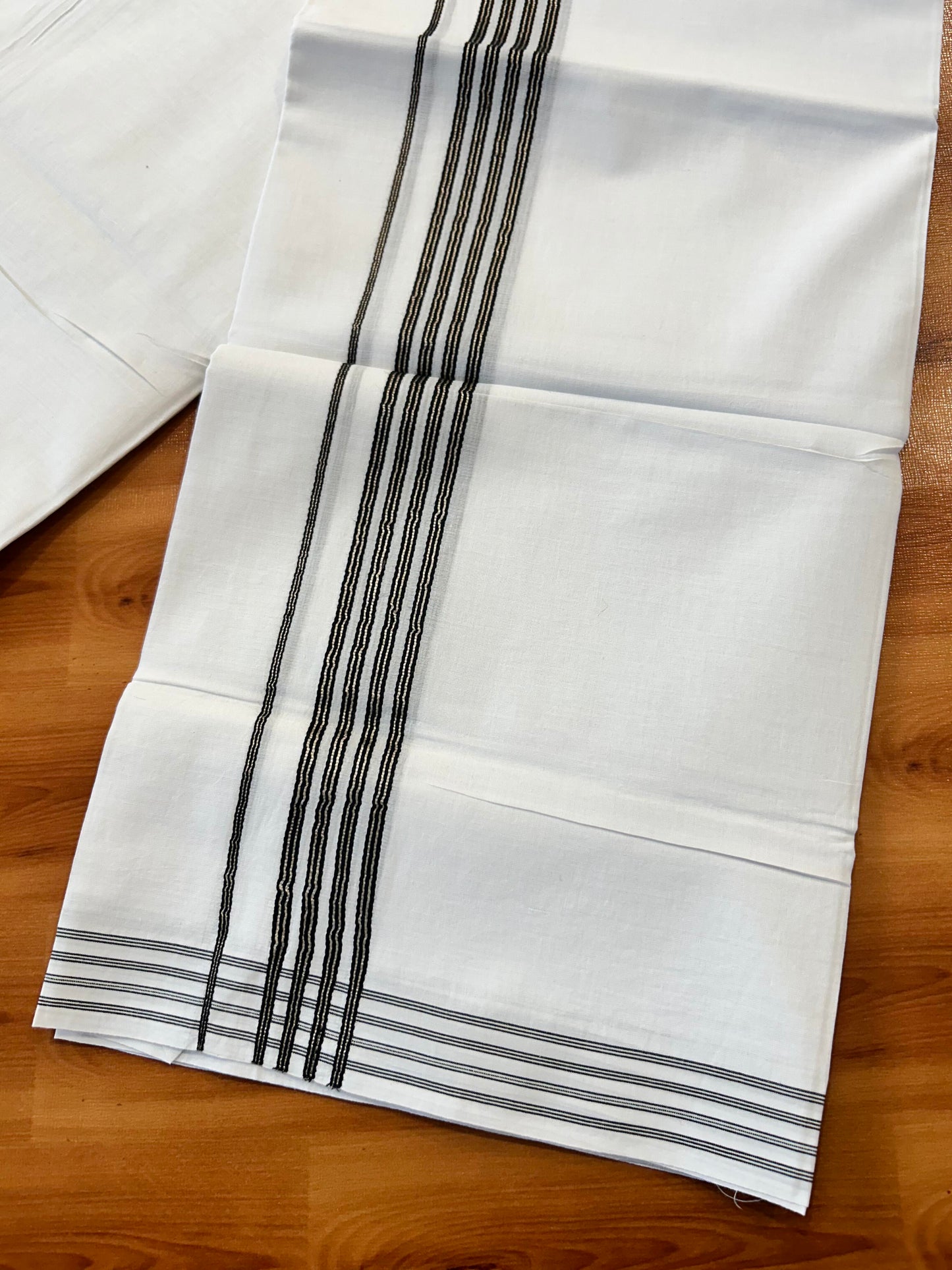 Double Pure White Mundu/Dhoti - 20% Discount ! Kaitharikada Balaramapuram 100% Cotton 100x80 - 1.25 Inch Silver Kasav & Black Striped Kara 3.90 mtr (8 muzham) - 3 KK5446 VAS
