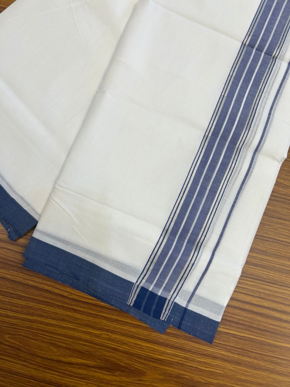 KaithariKada Handloom Millpaav Balaramapuram - 100% Pure Cotton Double Mundu/Dhoti Pure white - 80x90 - 2 inch Silver Kasav & Blue Striped Kara 4 mtr (8.5 Muzham) - 22 KK5263 YAR