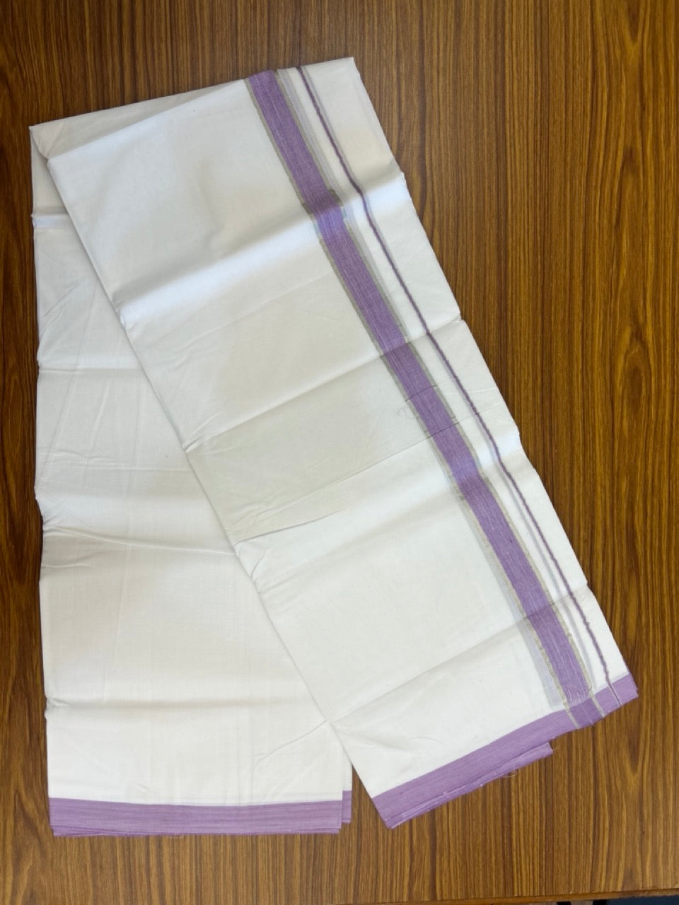 KaithariKada Handloom Millpaav Balaramapuram - 100% Pure Cotton Double Mundu/Dhoti Pure white - 80x90 - 1 inch Silver Kasav & Purple Lavender Shaded Kara 4 mtr (8.5 Muzham) - 24 KK5263 YAR