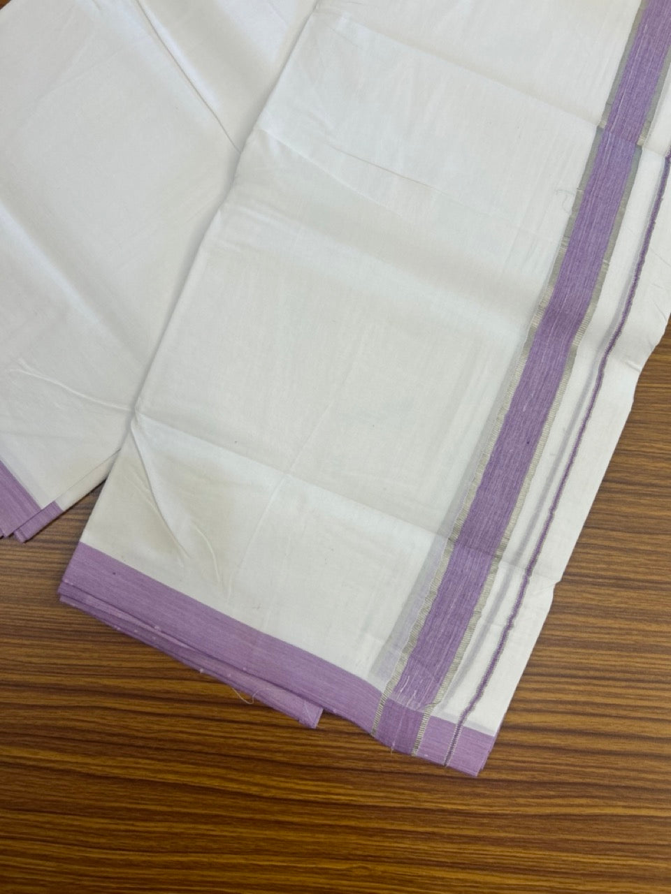 KaithariKada Handloom Millpaav Balaramapuram - 100% Pure Cotton Double Mundu/Dhoti Pure white - 80x90 - 1 inch Silver Kasav & Purple Lavender Shaded Kara 4 mtr (8.5 Muzham) - 24 KK5263 YAR