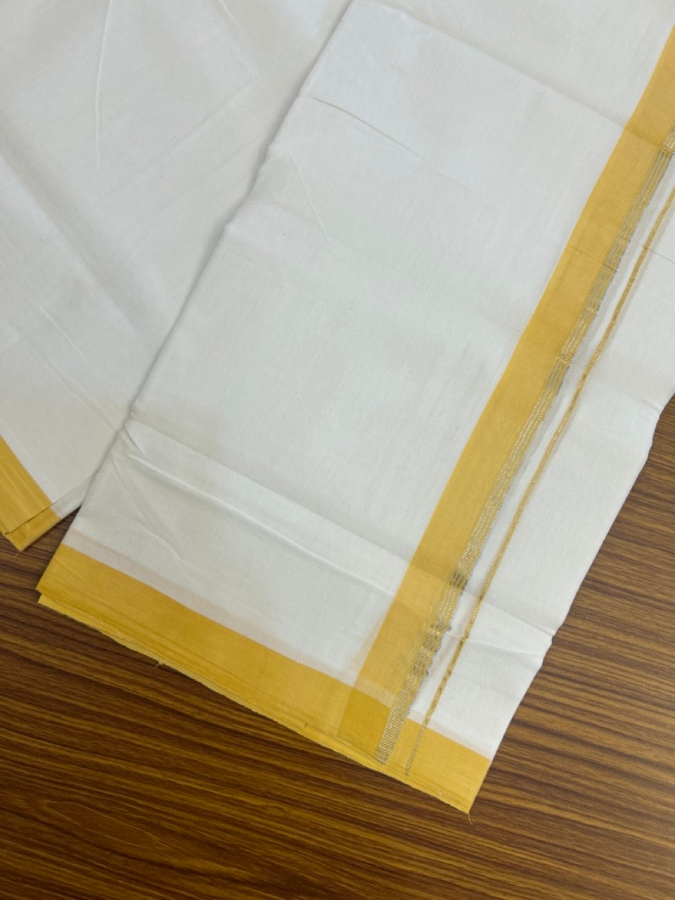 KaithariKada Handloom Millpaav Balaramapuram - 100% Pure Cotton Double Mundu/Dhoti Pure white - 80x90 - 1.25 inch Silver Kasav & Yellow Striped Kara 4 mtr (8.5 Muzham) - 25 KK5263 YAR