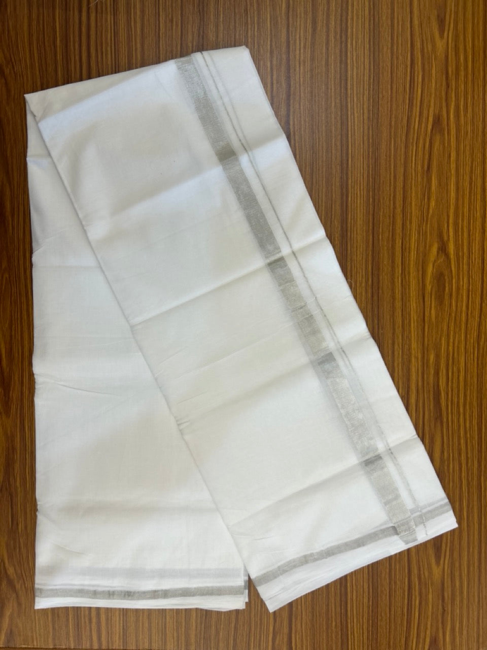 KaithariKada Handloom Millpaav Balaramapuram - 100% Pure Cotton Double Mundu/Dhoti Pure white - 80x90 - 0.75 inch Silver Kasav Kara 4 mtr (8.5 Muzham) - 40 KK5263 YAR
