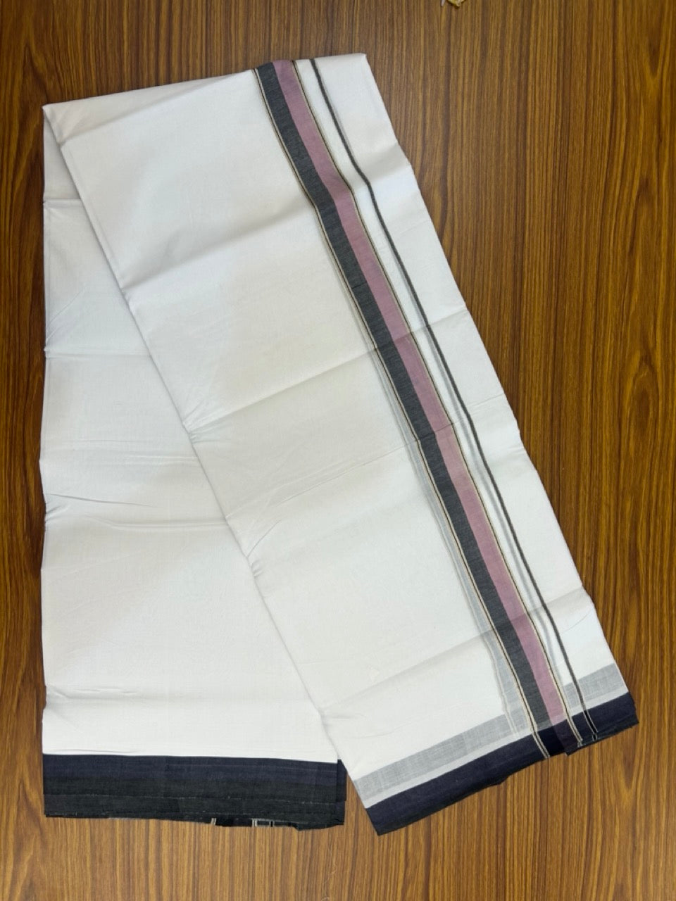 KaithariKada Handloom Millpaav Balaramapuram - 100% Pure Cotton Double Mundu/Dhoti Pure white - 80x90 - 1.5 inch Silver Kasav Black & Lavender Pink Shaded Kara 4 mtr (8.5 Muzham) - 26 KK5263 YAR