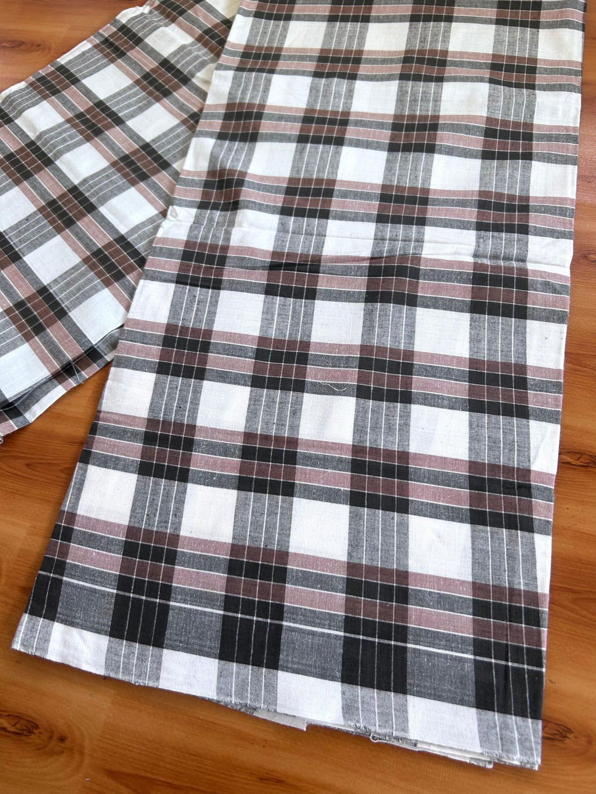 Kerala Handloom - Signature Kaitharikada - 100% Pure Cotton - 2/60X40s Twisted Thread - Handloom Single Mundu/Dhoti - Peach Brown Black & White Check Body - Above 2 mtr - 33 KK8080 KAL