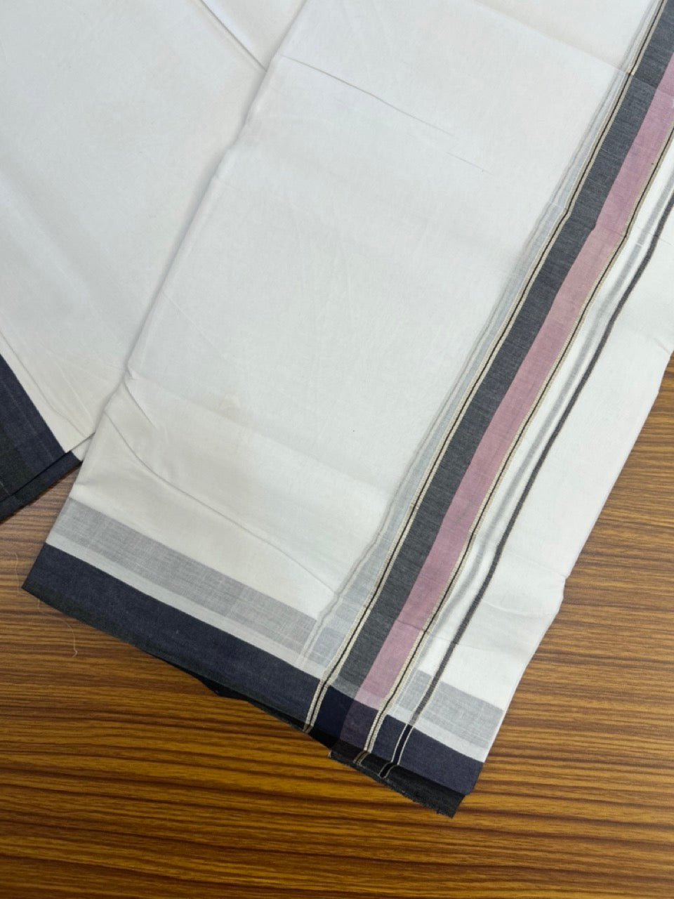 KaithariKada Handloom Millpaav Balaramapuram - 100% Pure Cotton Double Mundu/Dhoti Pure white - 80x90 - 1.5 inch Silver Kasav Black & Lavender Pink Shaded Kara 4 mtr (8.5 Muzham) - 26 KK5263 YAR