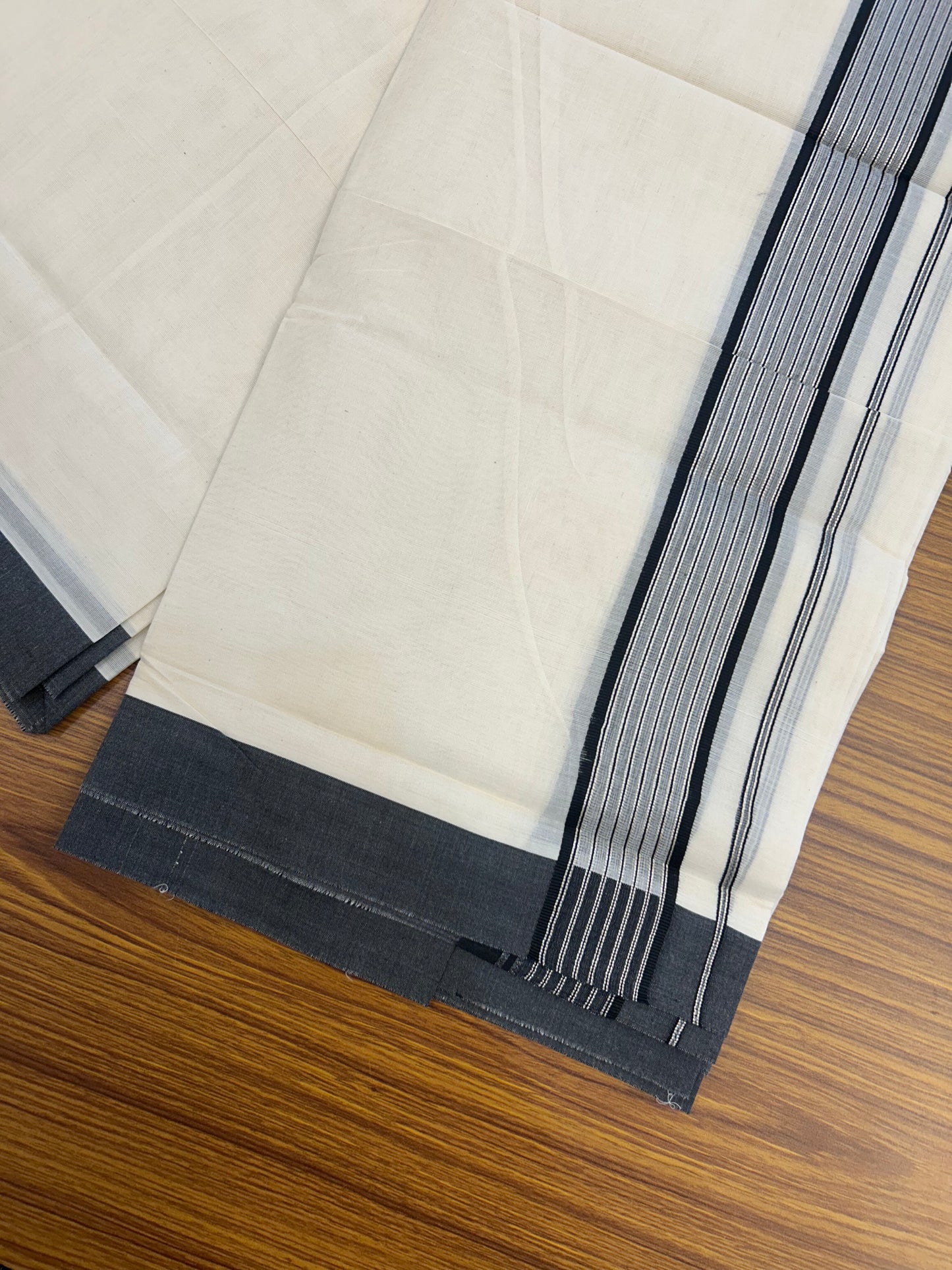 20% Discount! KaithariKada Balaramapuram Pure Cotton Double Off White Mundu/Dhoti - 100x80 - 1.75 Inch Silver Kasav & Black Stripes Kara 4 mtr (8.5 Muzham) -179 KK5361 PMC