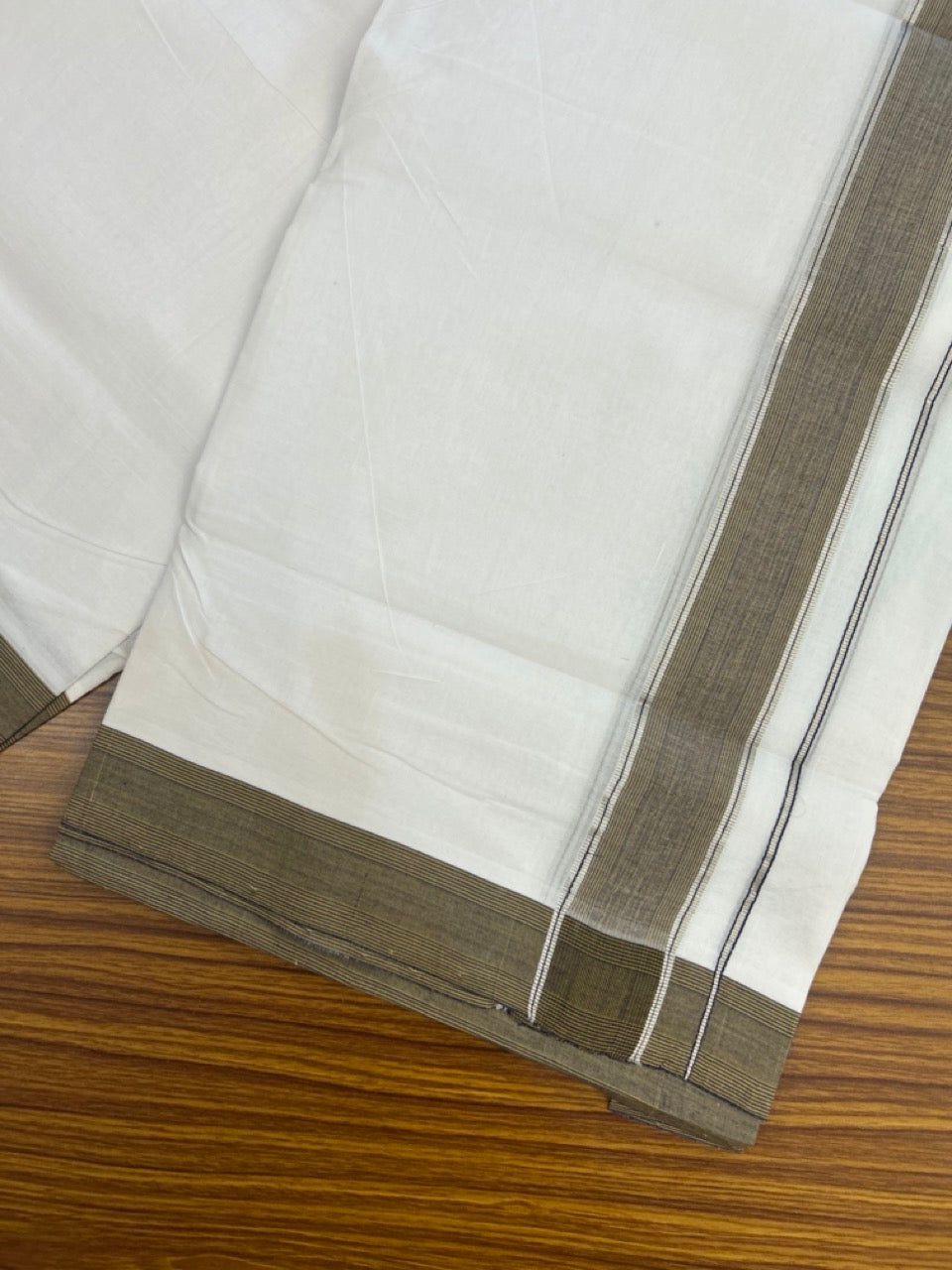 KaithariKada Handloom Millpaav Balaramapuram - 100% Pure Cotton Double Mundu/Dhoti Pure white - 80x90 - 1.5 inch Silver Kasav Navy Blue & Light Brown Striped Kara 4 mtr (8.5 Muzham) - 27 KK5263 YAR