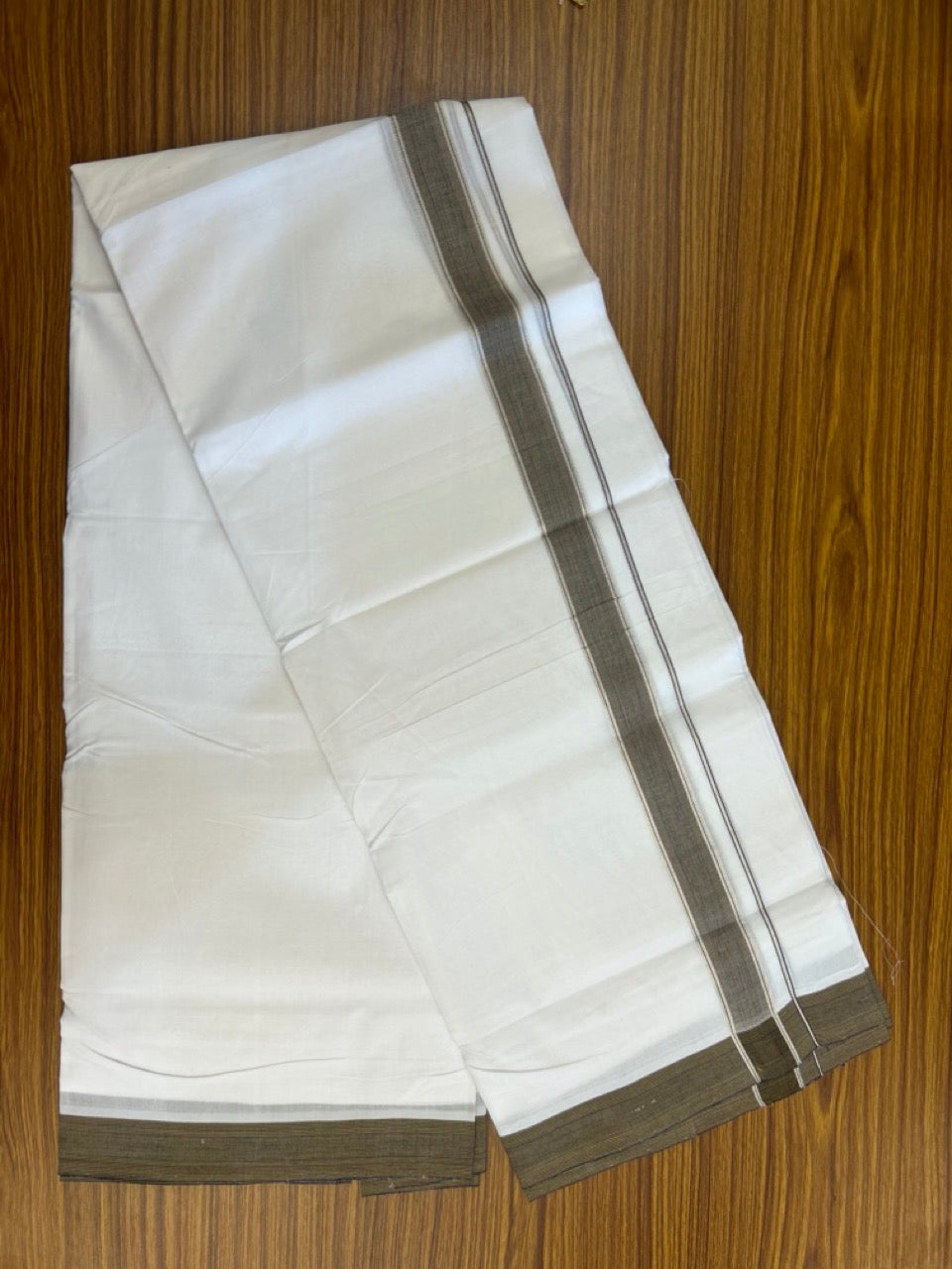 KaithariKada Handloom Millpaav Balaramapuram - 100% Pure Cotton Double Mundu/Dhoti Pure white - 80x90 - 1.25 inch Silver Kasav Navy Blue & Light Brown Striped Kara 4 mtr (8.5 Muzham) - 28 KK5263 YAR