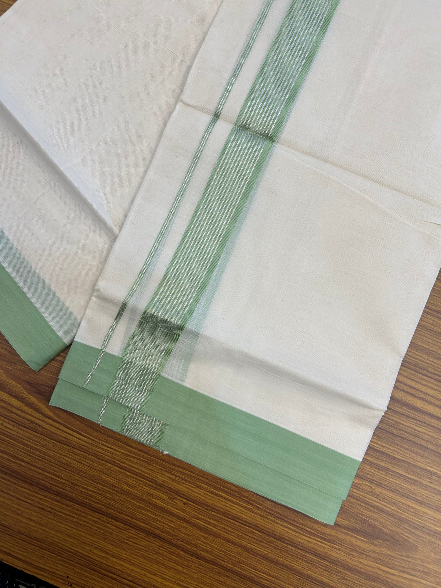 20% Discount !! KaithariKada Balaramapuram Double Off White (Unbleached) Mundu/Dhoti - 100x80 - 1.5 inch Pista Green & Silver Striped kara 4 mtr (8.5 muzham) - 174 KK5361 PMC