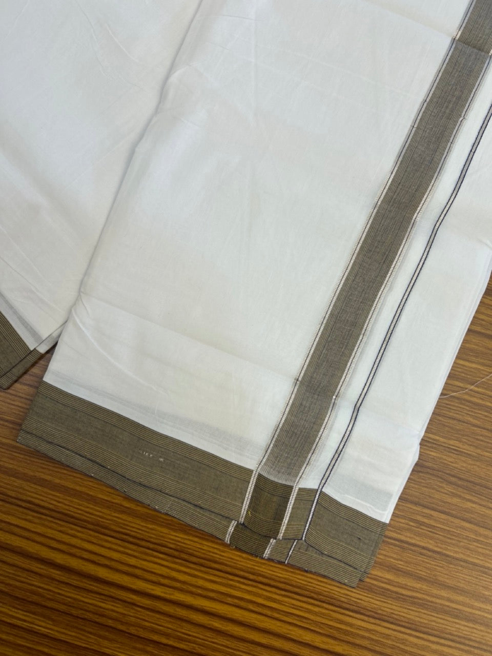 KaithariKada Handloom Millpaav Balaramapuram - 100% Pure Cotton Double Mundu/Dhoti Pure white - 80x90 - 1.25 inch Silver Kasav Navy Blue & Light Brown Striped Kara 4 mtr (8.5 Muzham) - 28 KK5263 YAR