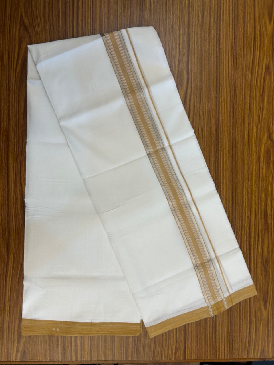 25% Discount!!! KaithariKada Handloom Millpaav Balaramapuram - 100% Pure Cotton Pure White Double Mundu/Dhoti - 80x90 - 1.5 inch Silver kasav & cadmium orange striped kara 4 Mtr (8.5 Muzham) - 17 KK5263 YAR