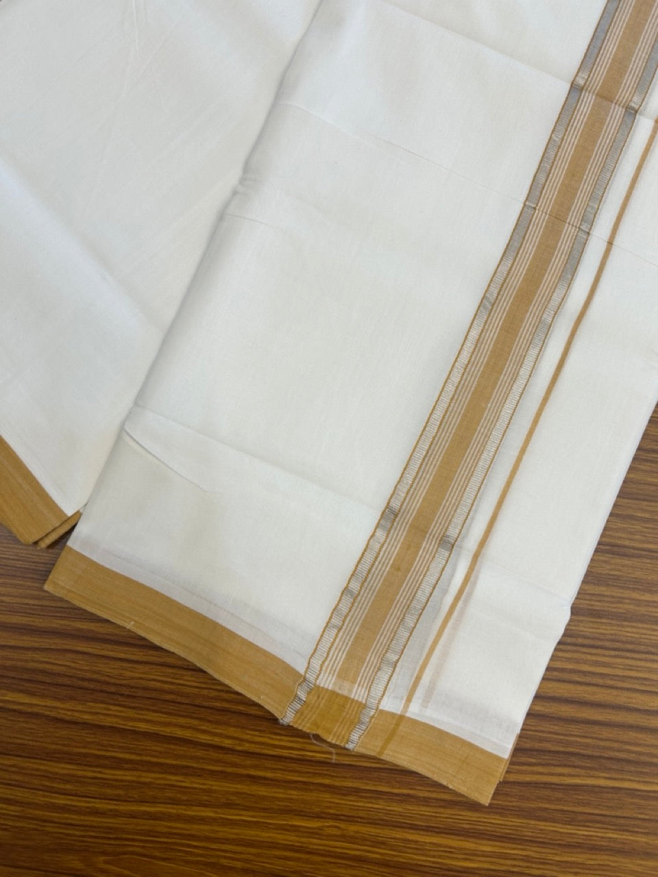 25% Discount!!! KaithariKada Handloom Millpaav Balaramapuram - 100% Pure Cotton Pure White Double Mundu/Dhoti - 80x90 - 1.5 inch Silver kasav & cadmium orange striped kara 4 Mtr (8.5 Muzham) - 17 KK5263 YAR