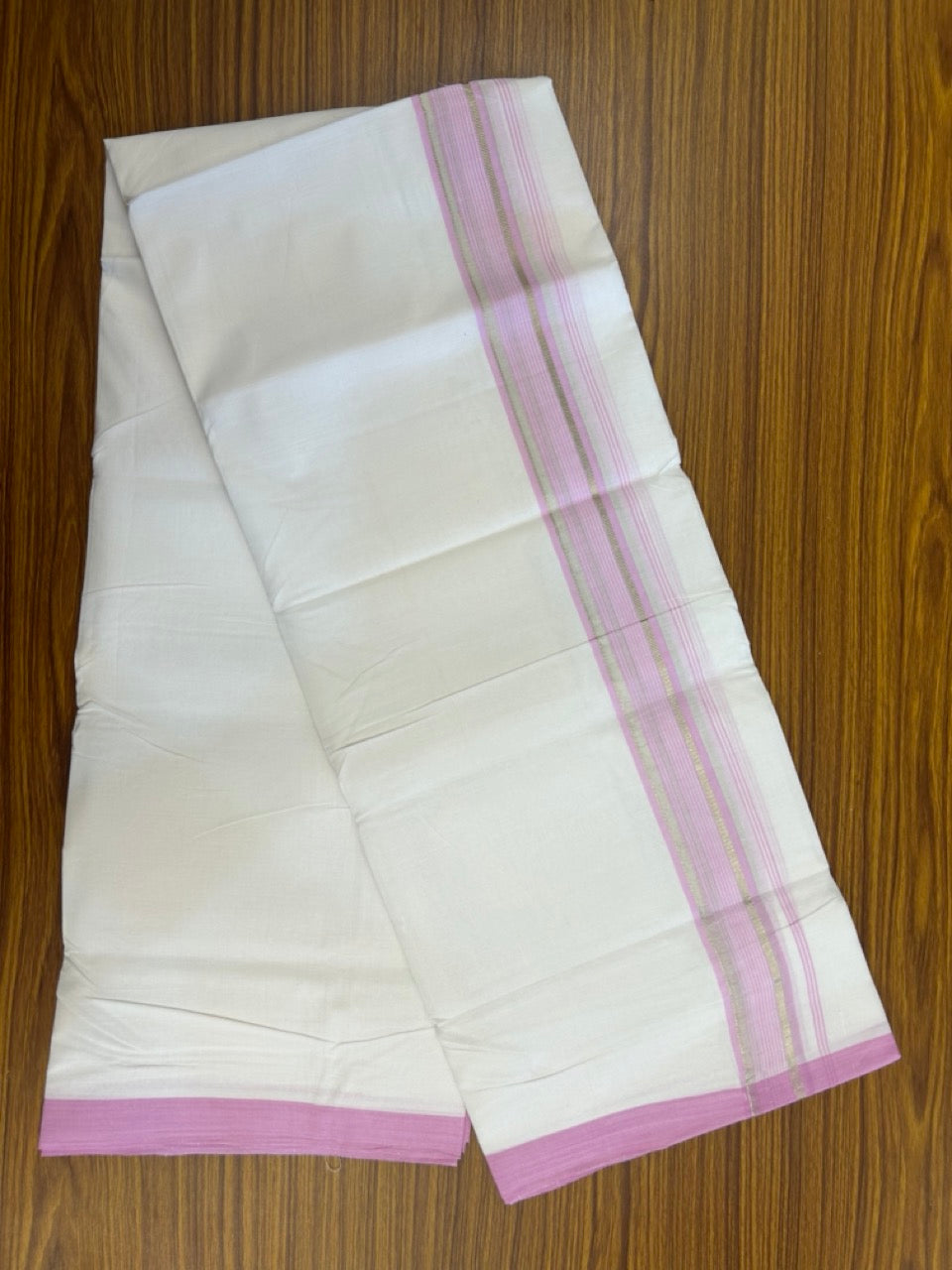 KaithariKada Handloom Millpaav Balaramapuram - 100% Pure Cotton Double Mundu/Dhoti Pure white - 80x90 - 1.5 inch Silver Kasav & Lavender Pink Striped Kara 4 mtr (8.5 Muzham) - 29 KK5263 YAR