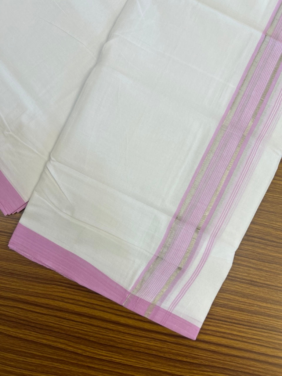 KaithariKada Handloom Millpaav Balaramapuram - 100% Pure Cotton Double Mundu/Dhoti Pure white - 80x90 - 1.5 inch Silver Kasav & Lavender Pink Striped Kara 4 mtr (8.5 Muzham) - 29 KK5263 YAR