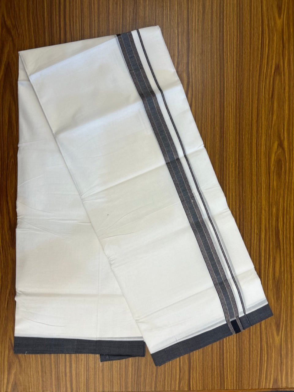 KaithariKada Handloom Millpaav Balaramapuram - 100% Pure Cotton Double Mundu/Dhoti Pure white - 80x90 - 1 inch Silver Kasav & Black Striped Kara 4 mtr (8.5 Muzham) - 30 KK5263 YAR