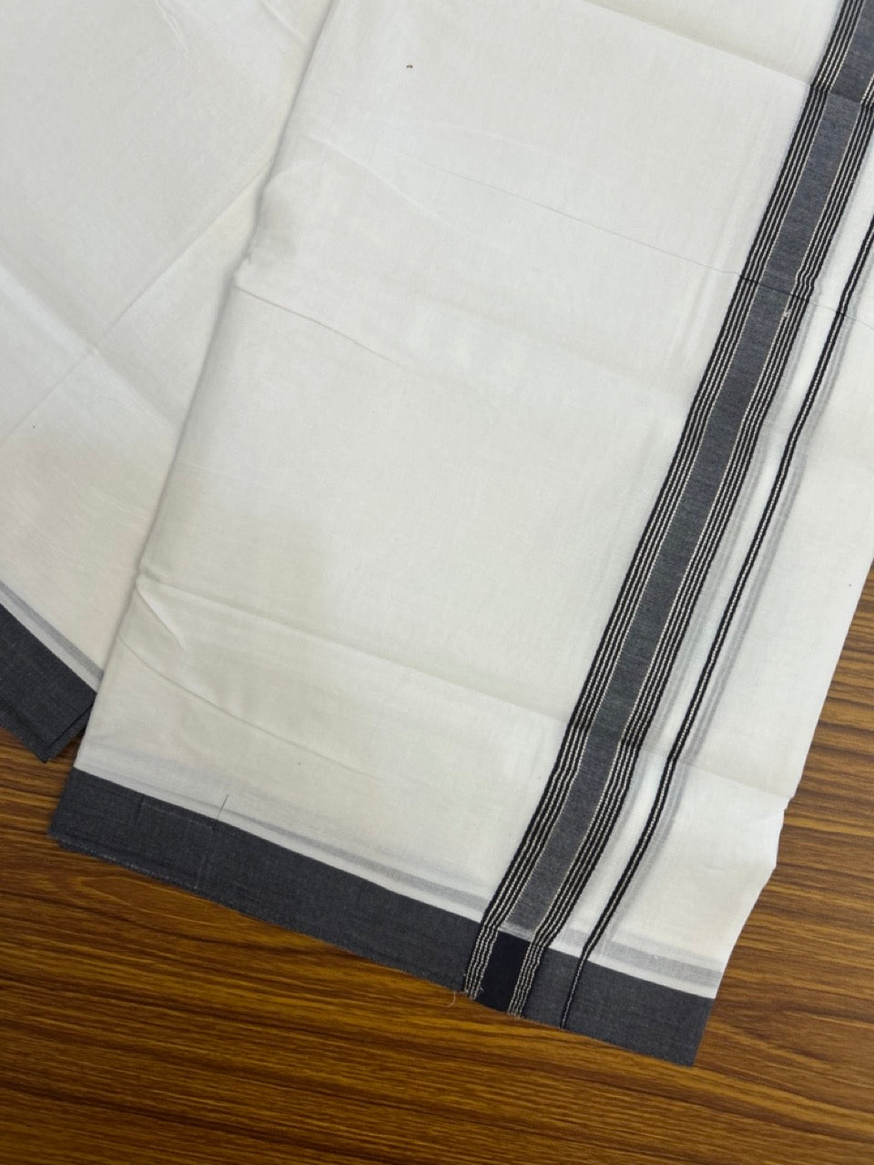 KaithariKada Handloom Millpaav Balaramapuram - 100% Pure Cotton Double Mundu/Dhoti Pure white - 80x90 - 1 inch Silver Kasav & Black Striped Kara 4 mtr (8.5 Muzham) - 30 KK5263 YAR
