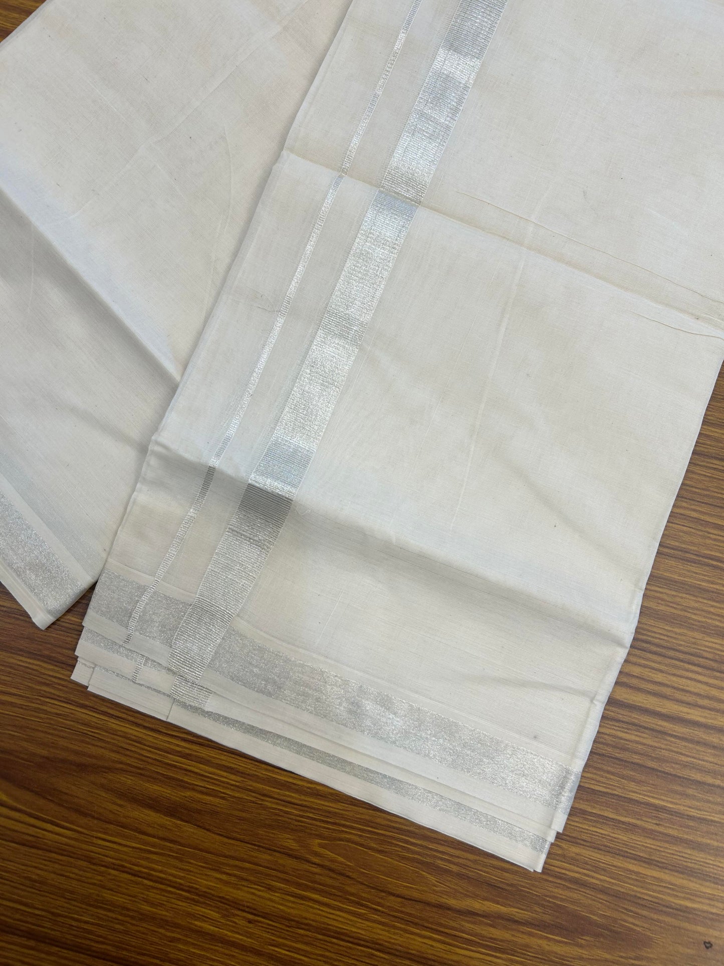 20% Discount! KaithariKada Balaramapuram Pure Cotton Double Off White Mundu/Dhoti - 100x80 - 1 Inch Silver Kasav Kara 4 mtr (8.5 Muzham) - 171 KK5361 PMC