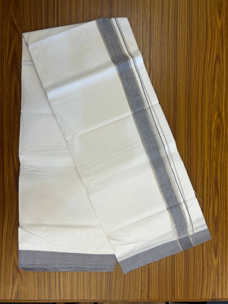 KaithariKada Handloom Millpaav Balaramapuram - 100% Pure Cotton Double Mundu/Dhoti Pure white - 80x90 - 1.5 inch Silver Kasav & Navy Blue Striped Kara 4 mtr (8.5 Muzham) - 31 KK5263 YAR