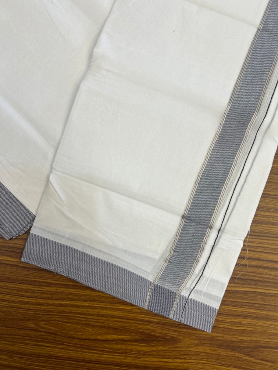 KaithariKada Handloom Millpaav Balaramapuram - 100% Pure Cotton Double Mundu/Dhoti Pure white - 80x90 - 1.5 inch Silver Kasav & Navy Blue Striped Kara 4 mtr (8.5 Muzham) - 31 KK5263 YAR