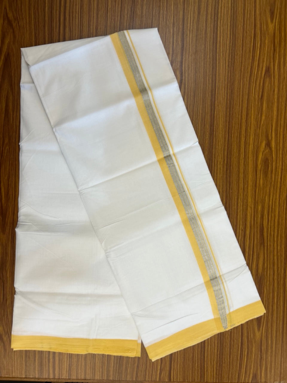 KaithariKada Handloom Millpaav Balaramapuram - 100% Pure Cotton Double Mundu/Dhoti Pure white - 80x90 - 1.25 inch Silver Kasav & Yellow Striped Kara 4 mtr (8.5 Muzham) - 32 KK5263 YAR