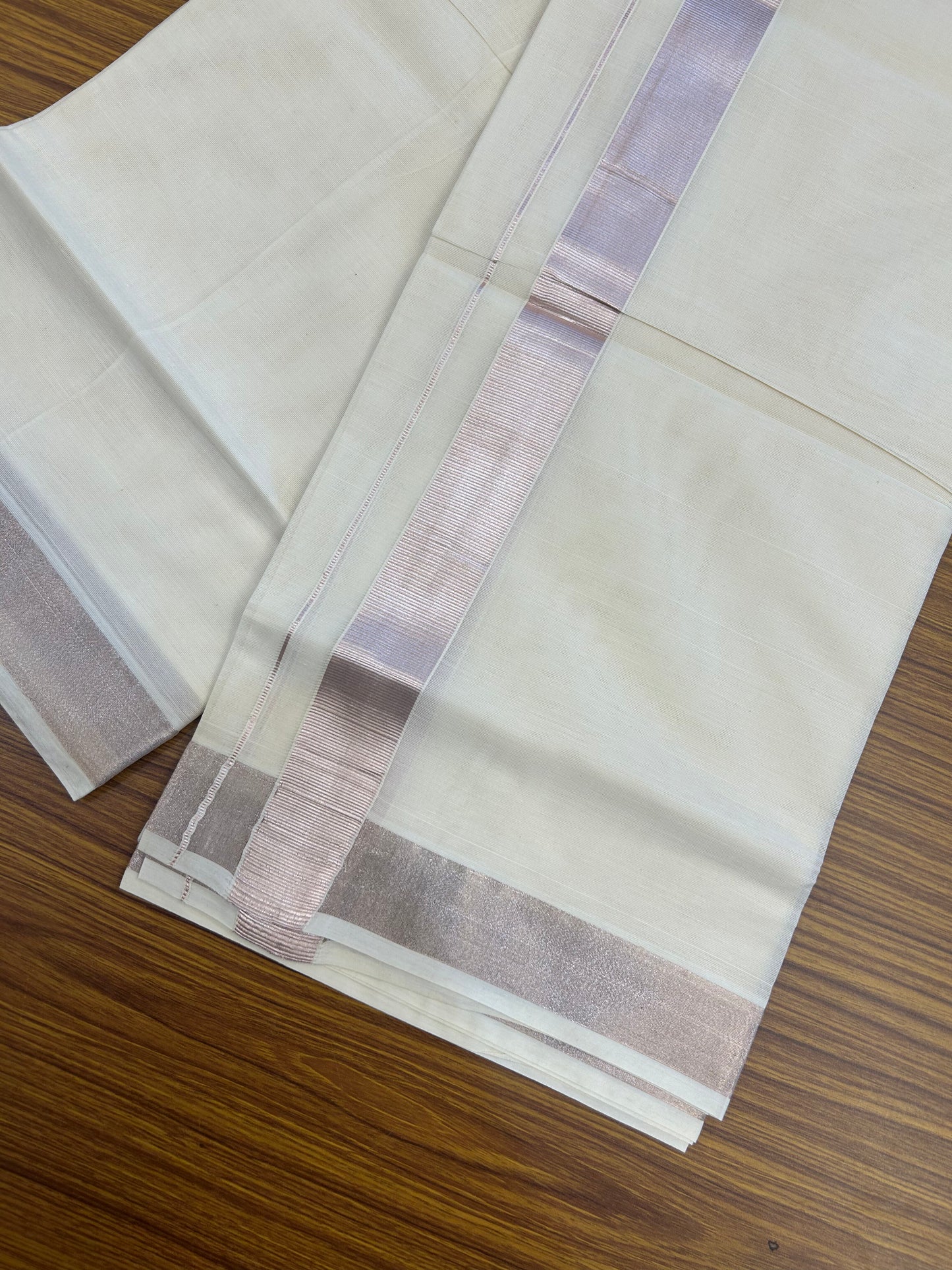 19% Discount! KaithariKada Balaramapuram Double Off White - (Unbleached) Mundu/Dhoti - Cotton mix - 60s - 1.75 inch Light Rose Pink kasavu Kara 4 mtr (8.5 Muzham) - 200 KK5361 PMC