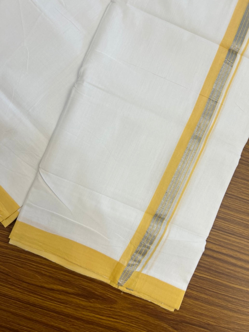KaithariKada Handloom Millpaav Balaramapuram - 100% Pure Cotton Double Mundu/Dhoti Pure white - 80x90 - 1.25 inch Silver Kasav & Yellow Striped Kara 4 mtr (8.5 Muzham) - 32 KK5263 YAR