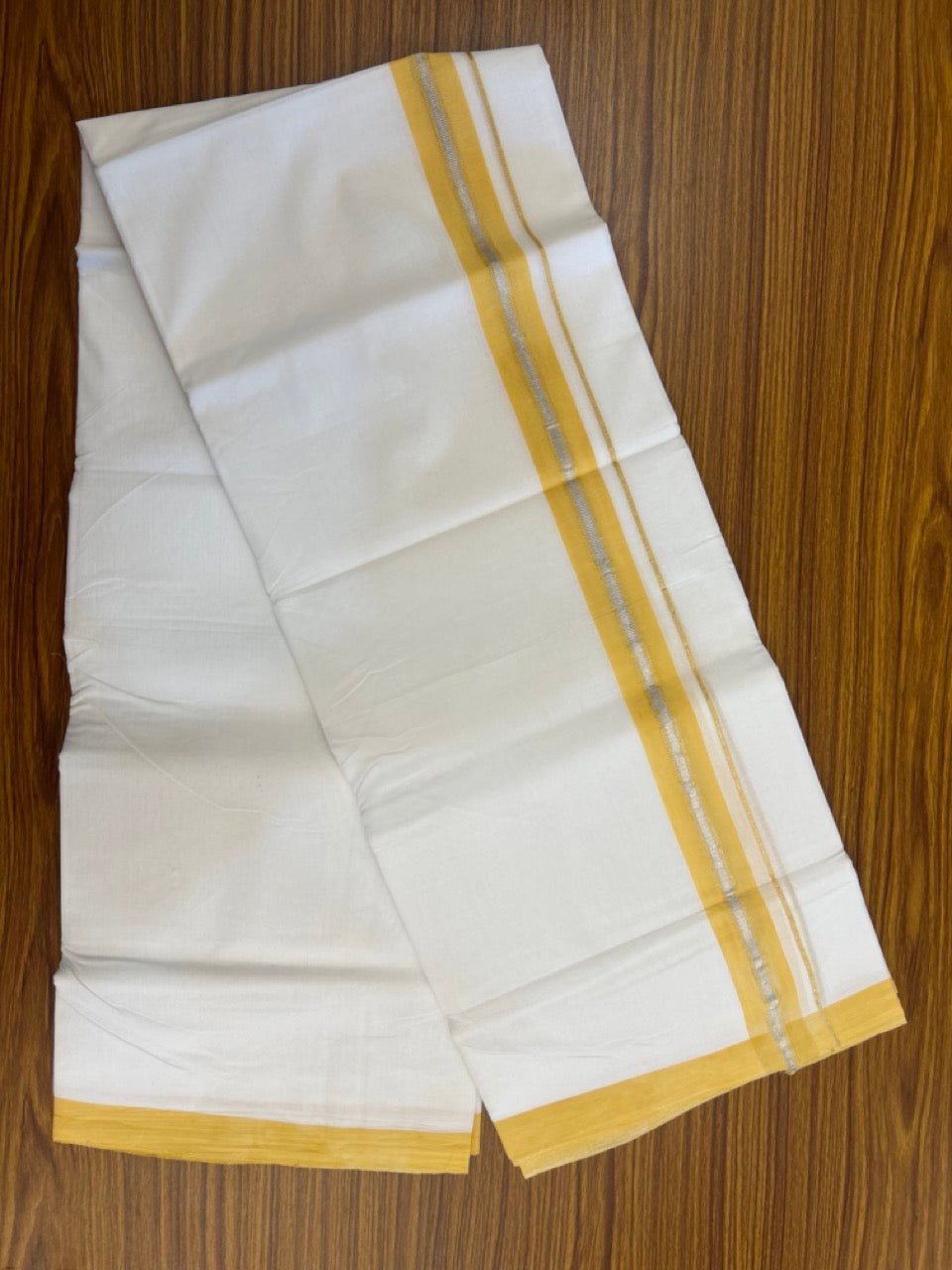 KaithariKada Handloom Millpaav Balaramapuram - 100% Pure Cotton Double Mundu/Dhoti Pure white - 80x90 - 1.25 inch Silver Kasav & Yellow Shaded Striped Kara 4 mtr (8.5 Muzham) - 33 KK5263 YAR