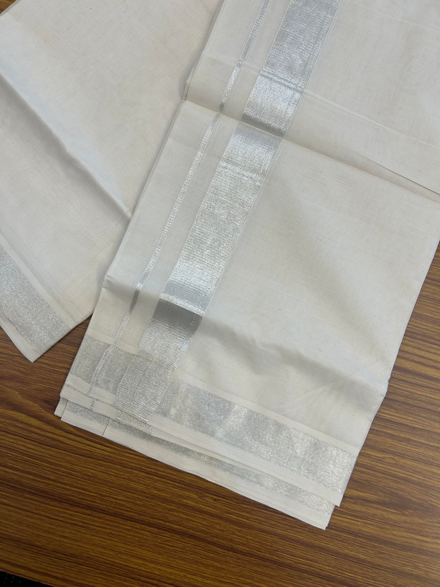 20% Discount! KaithariKada Balaramapuram Pure Cotton Double Off White Mundu/Dhoti - 100x80 - 1.5 Inch Silver Kasav Kara 4 mtr (8.5 Muzham) - 177 KK5361 PMC