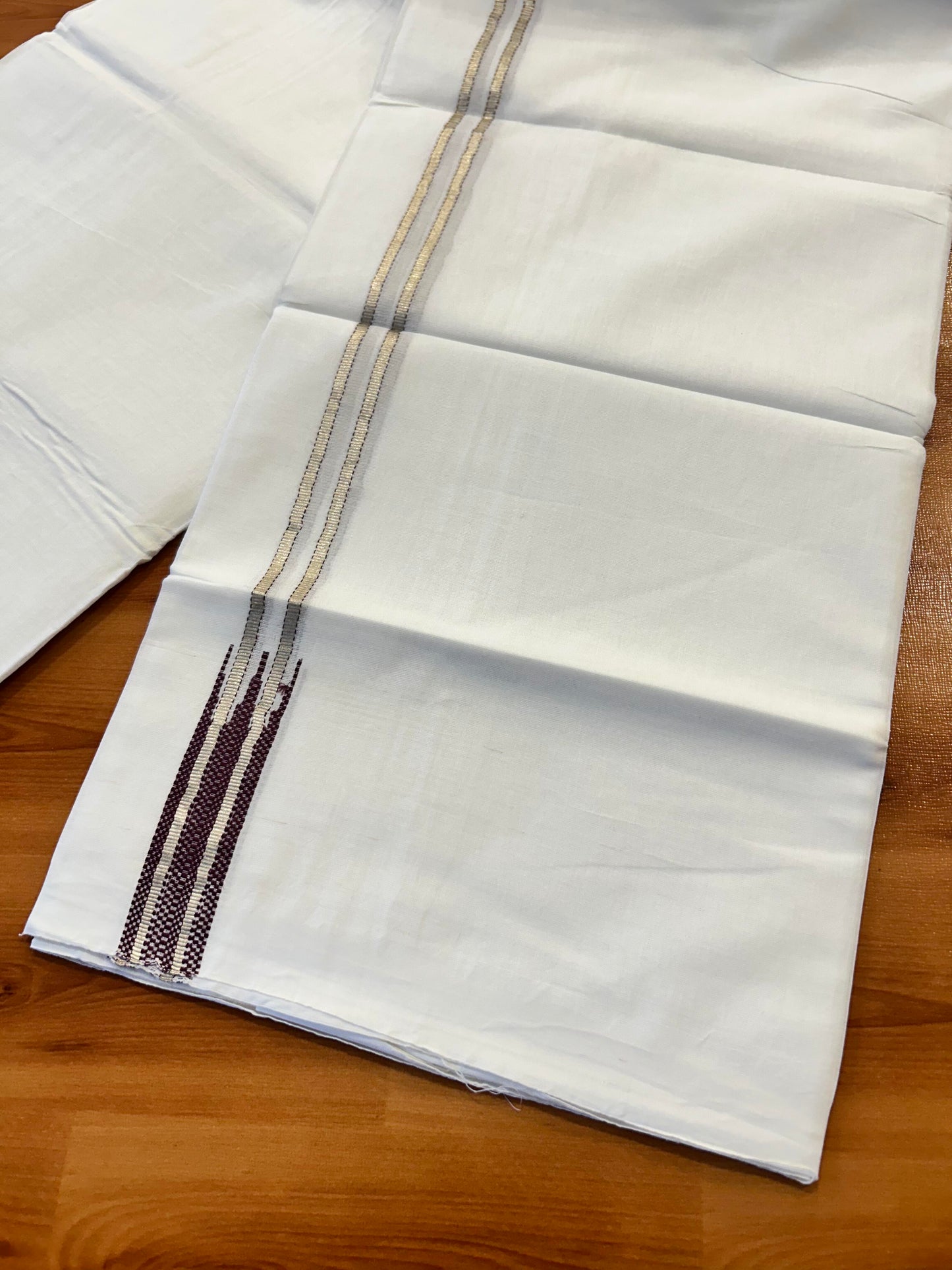 Double Pure White Mundu/ Dhoti - 20% Discount ! Kaitharikada Balaramapuram 100% Cotton 100x80 - 1 inch Silver Kasav & Wine Puliyilakkara Chutty Kara 3.90 mtr (8 muzham) - 13 KK5446 VAS