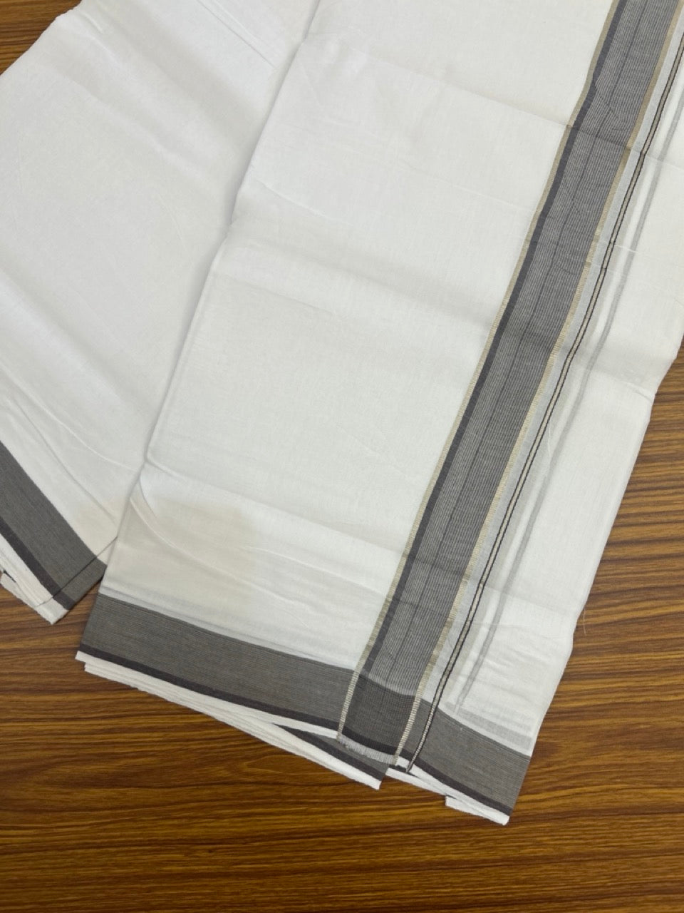 KaithariKada Handloom Millpaav Balaramapuram - 100% Pure Cotton Double Mundu/Dhoti Pure white - 80x90 - 1.5 inch Silver Kasav Ash & Brown Striped Kara 4 mtr (8.5 Muzham) - 34 KK5263 YAR