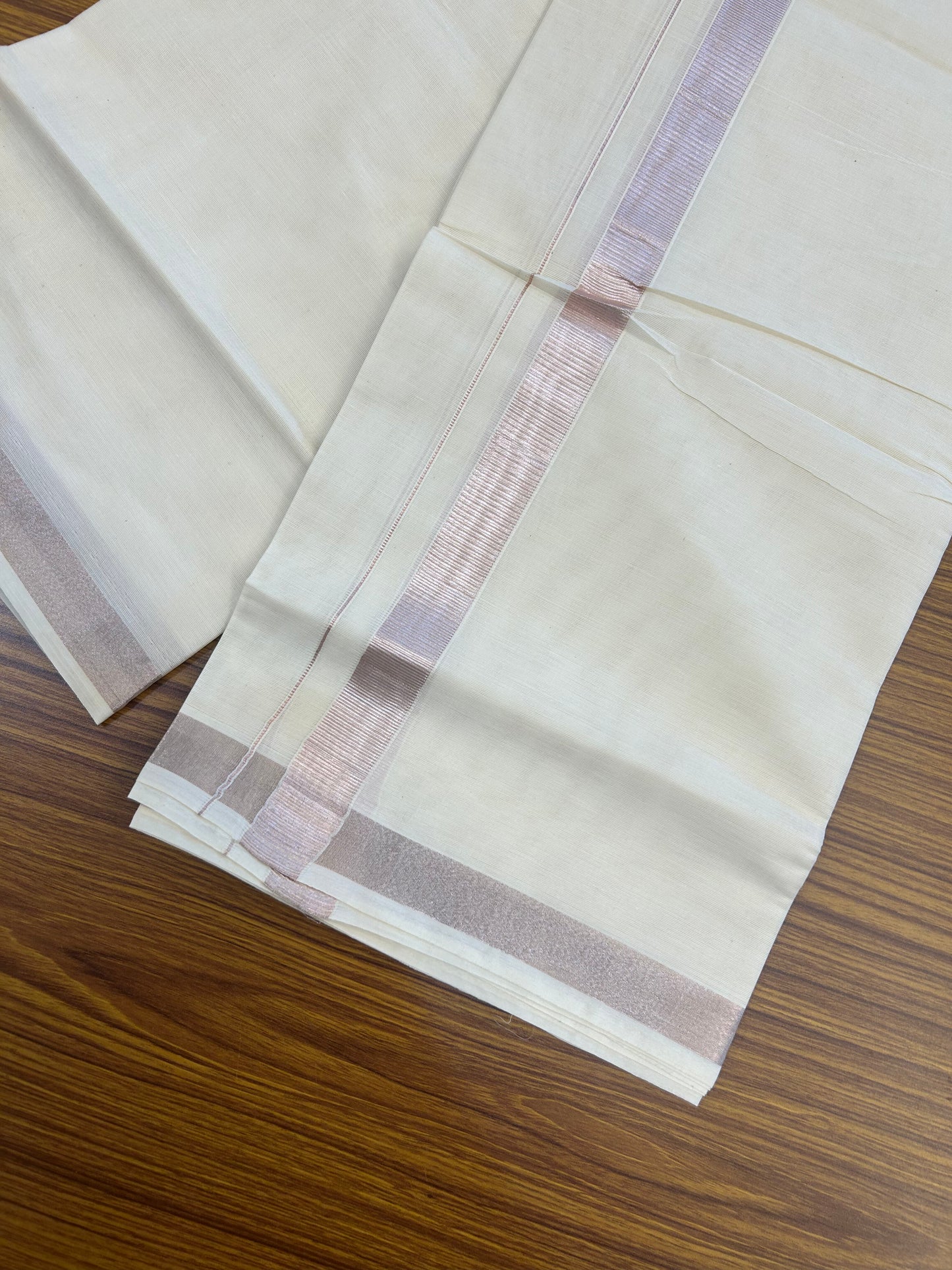19% Discount! KaithariKada Balaramapuram Double Off White - (Unbleached) Mundu/Dhoti - Cotton mix - 60s - 1 inch Light Rose Pink kasavu Kara 4 mtr (8.5 Muzham) -199 KK5361 PMC