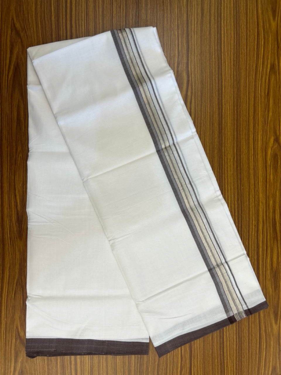 KaithariKada Handloom Millpaav Balaramapuram - 100% Pure Cotton Double Mundu/Dhoti Pure white - 80x90 - 1.25 inch Silver Kasav & Brown Striped Kara 4 mtr (8.5 Muzham) - 36 KK5263 YAR
