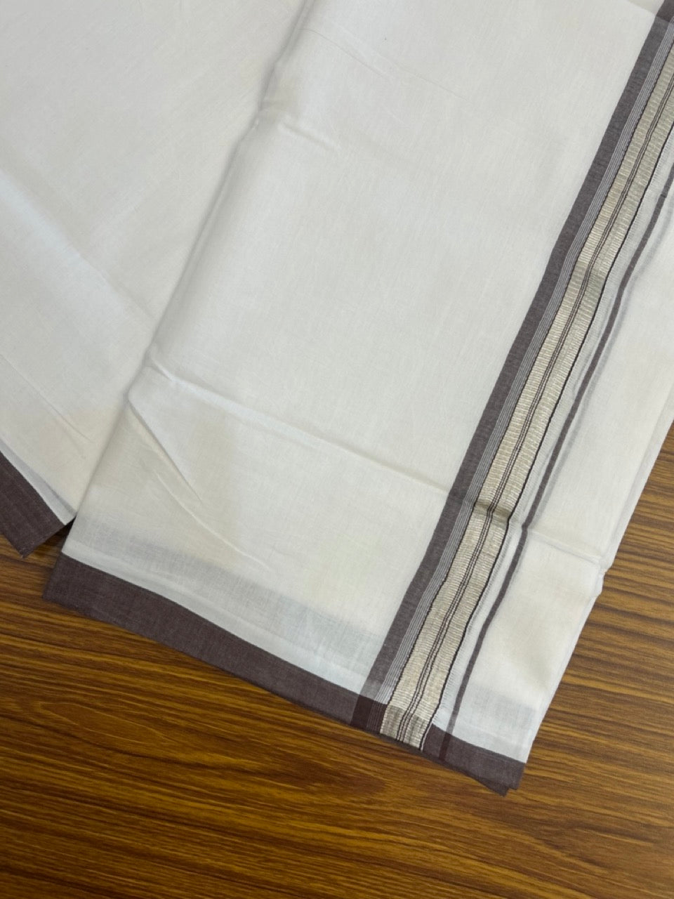 KaithariKada Handloom Millpaav Balaramapuram - 100% Pure Cotton Double Mundu/Dhoti Pure white - 80x90 - 1.25 inch Silver Kasav & Brown Striped Kara 4 mtr (8.5 Muzham) - 36 KK5263 YAR