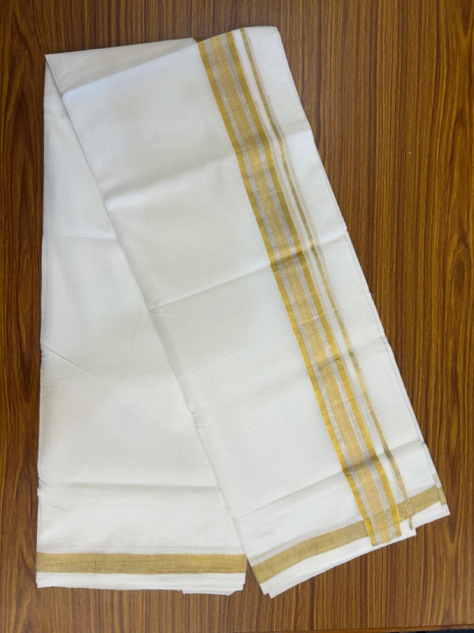 KaithariKada Handloom Millpaav Balaramapuram - 100% Pure Cotton Double Mundu/Dhoti Pure white - 80x90 - 1.25 inch Silver & Gold Kasav Striped Kara 4 mtr (8.5 Muzham) - 38 KK5263 YAR