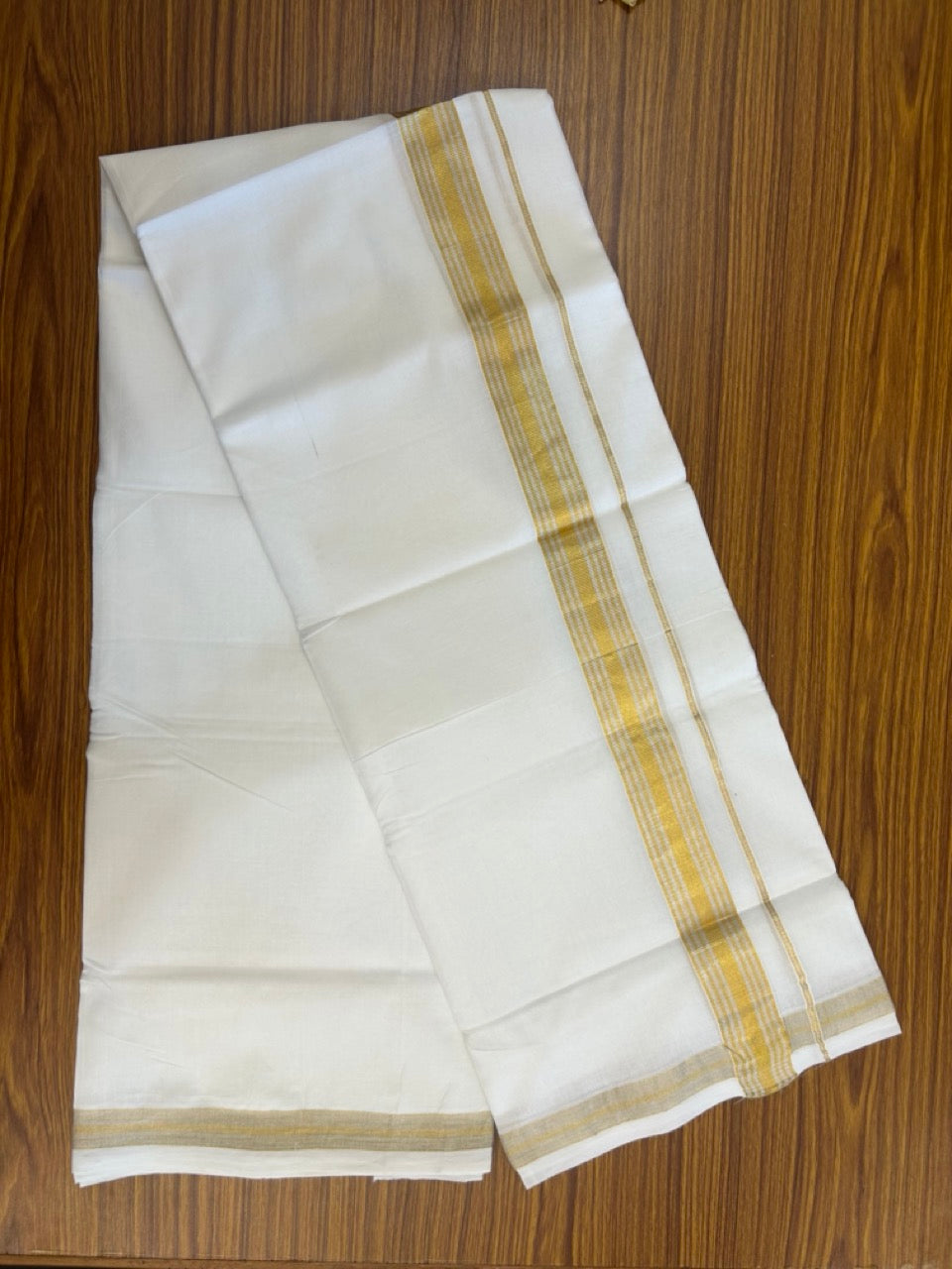 KaithariKada Handloom Millpaav Balaramapuram - 100% Pure Cotton Double Mundu/Dhoti Pure white - 80x90 - 1.5 inch Silver & Gold Kasav Striped Kara 4 mtr (8.5 Muzham) - 39 KK5263 YAR
