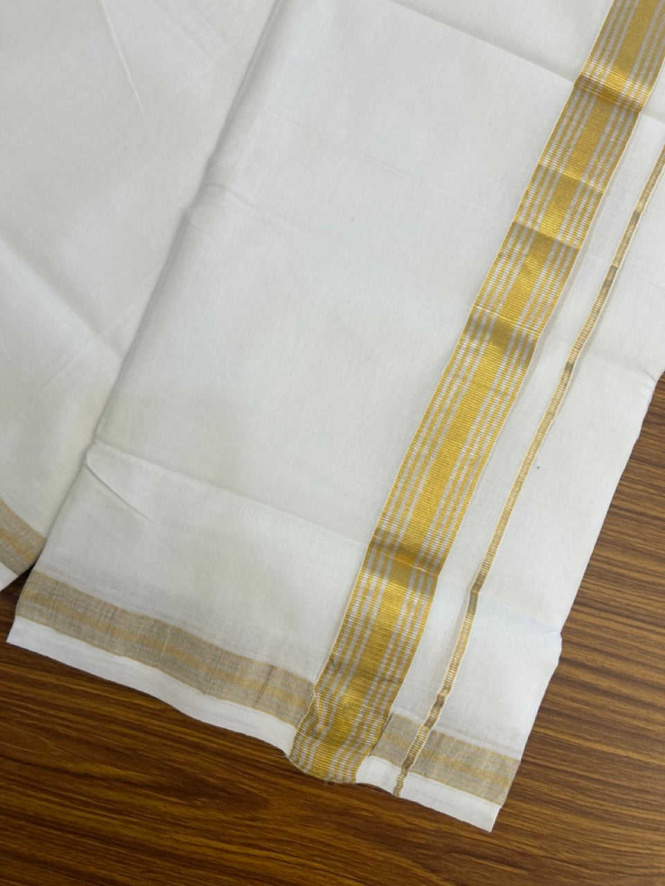 KaithariKada Handloom Millpaav Balaramapuram - 100% Pure Cotton Double Mundu/Dhoti Pure white - 80x90 - 1.5 inch Silver & Gold Kasav Striped Kara 4 mtr (8.5 Muzham) - 39 KK5263 YAR